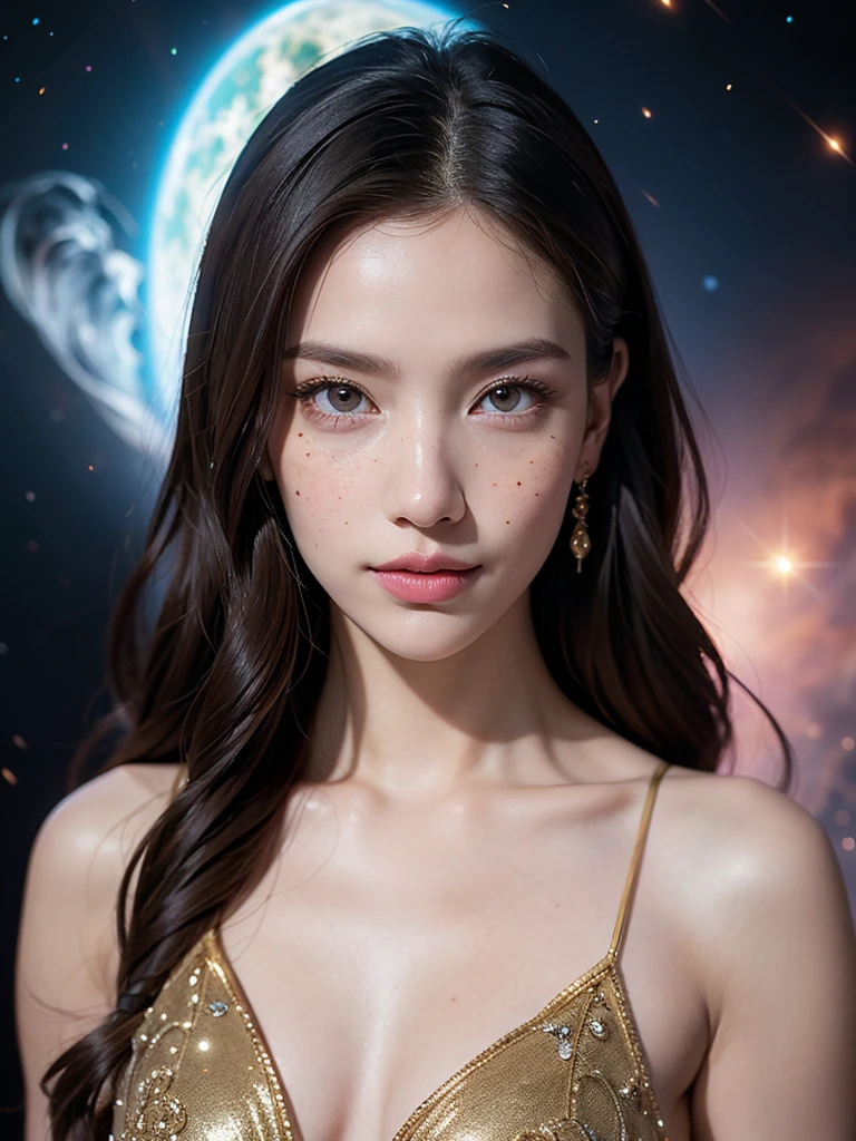 masterpiece, best quality:1.2), (8k uhd, 16k, 32k, ultra high res), (photorealistic:1.37), (RAW photo), ultimate-realistic, ultimate-realistic details, ultimate-realistic texture, ultimate-intricate details, ultimate-realistic lighting, ultimate-realistic shadow, japanese girl, 1girl, 24yo, ultimate-cute face, ultimate-RAW skin, ultimate-eyes, quite a bit body, blushing cheeks. Demure pose. Young, slender,curvy, cute smile, innocent. As the elegant young androgynous male Mesmer from Guild Wars 2 with the face of scarlett johanson conjures up their illusions, the air around them is filled with the fluttering of purple butterflies, adding an ethereal touch to their powerful attacks, long gold hair, dynamic Powerful attack pose. ethereal ambiance, delicate details, magical atmosphere. glossy, solid lines, shy and blushing face. Shimmering hair, striking eyes. unique fashion, intricate lines and flowing clothes similar to magical fantasy clothes. Setting: In space with a nebula, insanely detailed, film grain, Hasselblad X2D 100C + XCD 2,5/25V, F/1.8, (cinematic still:1.2), freckles, 35mm photograph, film, bokeh, professional, 4k, highly detailed, perfect fingers ,Extremely Realistic, UHD