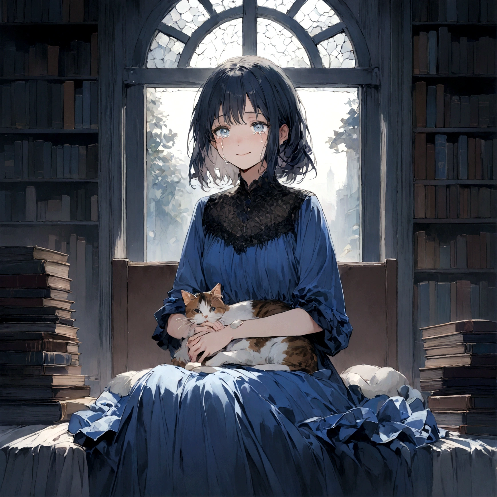 a sad female wearing a blue dress, silently crying on her bed though accepting it, in front of a moonlit window surrounded by books, has a smile on her face, modern setting, has cat on her lap, tears in her eyes