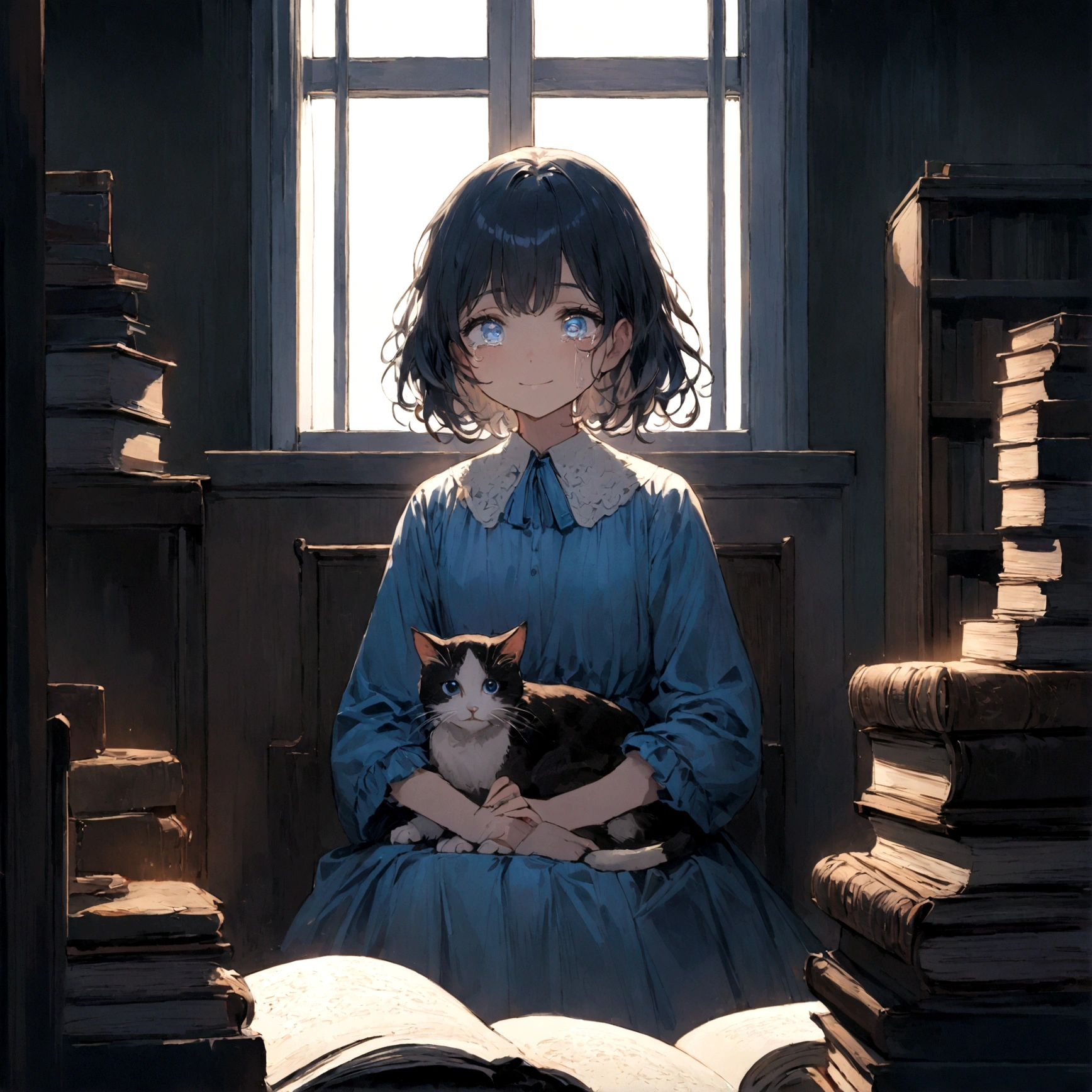 a sad female wearing a blue dress, silently crying on her bed though accepting it, in front of a moonlit window surrounded by books, has a smile on her face, modern setting, has cat on her lap, tears in her eyes