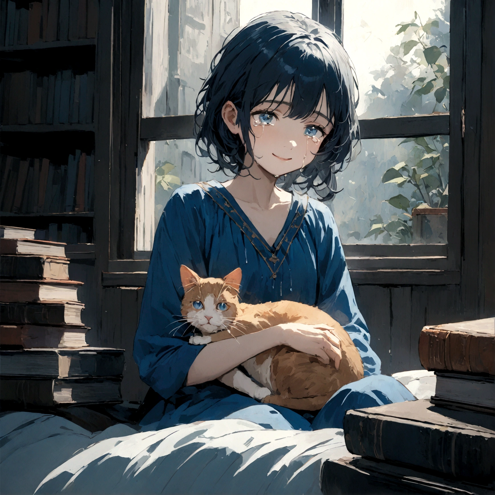 a sad female wearing a blue dress, silently crying on her bed though accepting it, in front of a moonlit window surrounded by books, has a smile on her face, modern setting, has cat on her lap, tears in her eyes