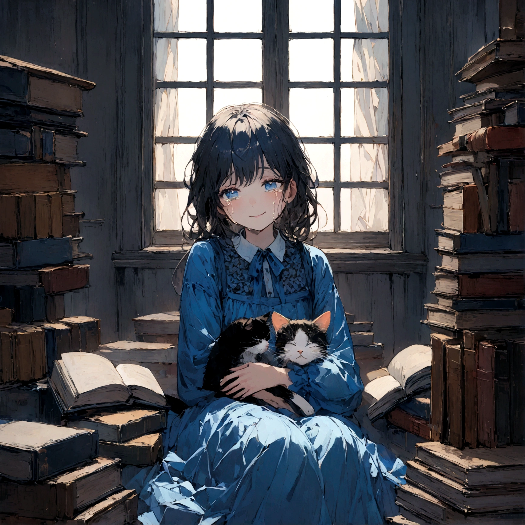 a sad female wearing a blue dress, silently crying on her bed though accepting it, in front of a moonlit window surrounded by books, has a smile on her face, modern setting, has cat on her lap, tears in her eyes