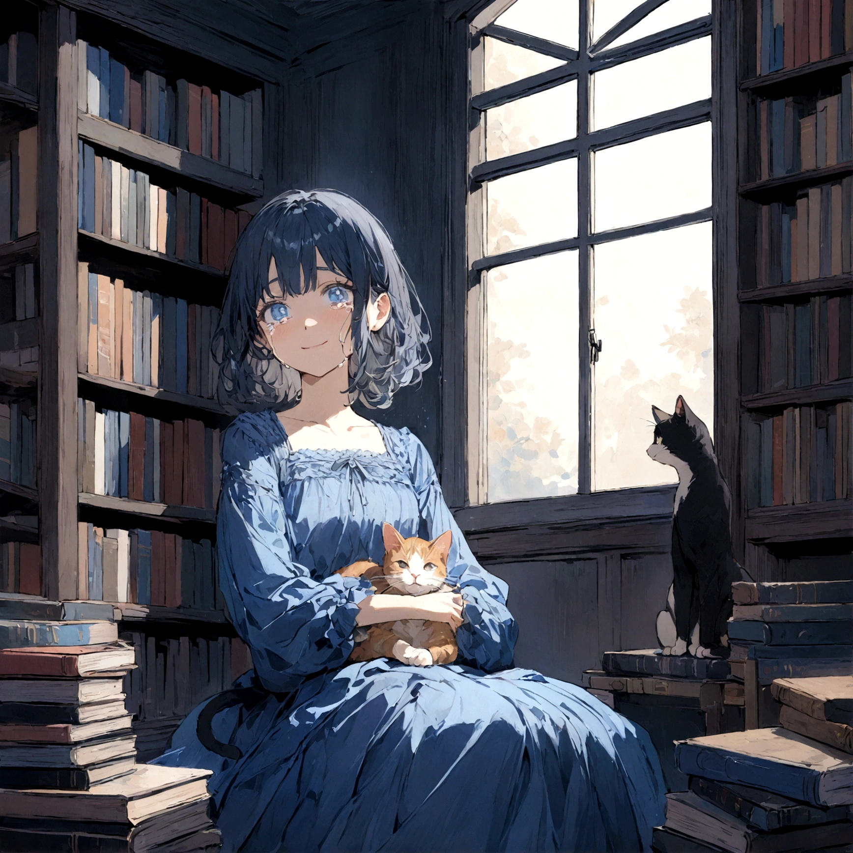 a sad female wearing a blue dress, silently crying on her bed though accepting it, in front of a moonlit window surrounded by books, has a smile on her face, modern setting, has cat on her lap, tears in her eyes