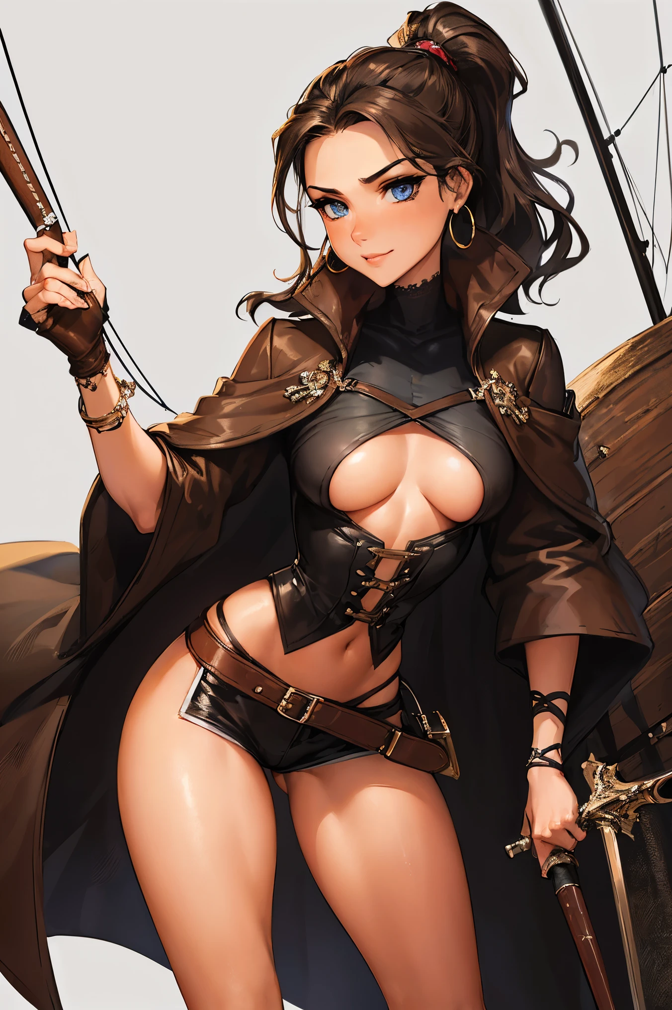 (masterpiece), best quality, expressive eyes, perfect face, (pirate ship background), (standing), (smirk), (closeup view), (1girl, vanessa alessia, pale skin, brown hair, wavy hairstyle, blue eyes, hourglass figure, thin body, skinny body, petite_body, medium breasts, thick thighs, long fingernails, brown plaid head wrap, white front lace blouse, brown leather corset, brown leather shorts, brown boots, sheathed cutlass sword, flintlock pistol in holster, hoop earrings, miscellaneous jewelry),  big breasts, stripping, elegant makeup, exhibitionism, naked in public, , slim thighs, toned body, shiny skin, sexy pose, blue eyes, narrow hips, wearing high hip thong and see-through top