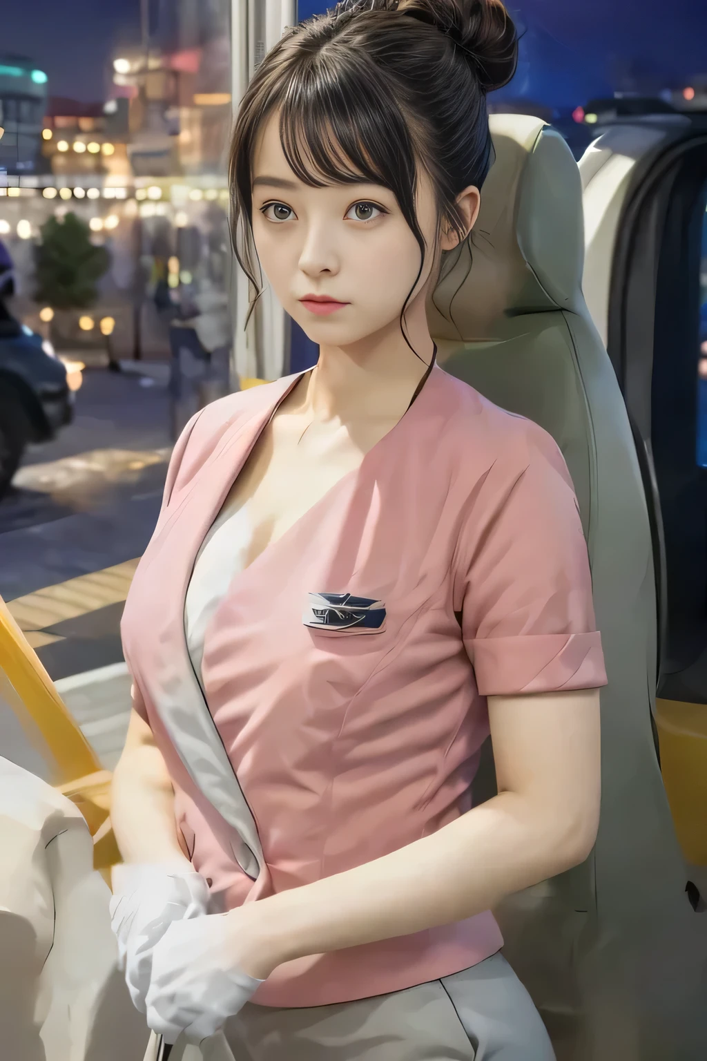 (masterpiece:1.2, highest quality:1.2), 32K HDR, High resolution, (alone、1 girl)、（On the rooftop of a building in the daytime、Professional Lighting）、Building rooftop background、（Nankai train crew uniform pinkを着たリアルスタイル）、（Nankai train crew uniform pink short sleeve pink jacket、Nankai Train Crew Uniform Pink Collarless Short Sleeve Blouse、Nankai Train crew uniform pinkのグレー色のキュロットスカート）、Dark brown hair、（Hair tied up、Hair Bun、Hair Bun）、Dark brown hair、Long Shot、Big Breasts、Thin legs、（（Great hands：2.0）），（（Harmonious body proportions：1.5）），（（Normal limbs：2.0）），（（Normal finger：2.0）），（（Delicate eyes：2.0）），（（Normal eyes：2.0））)、Captivating look、（Nankai Train crew uniform pinkのグレー色のキュロットスカートを見せた美しい歩く姿）、Keep your hands natural