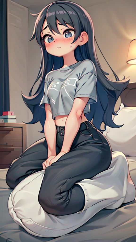 1 girl, 15 years old, torso length wavy black hair, light grayish blue eyes, cute girl, small , skinny, thick thighs, wearing an oversized cropped gray tee shirt, wearing light black comfy sweat pants, white socks, flustered expression, mouth open, blushing, sitting in bed, humping pillow.