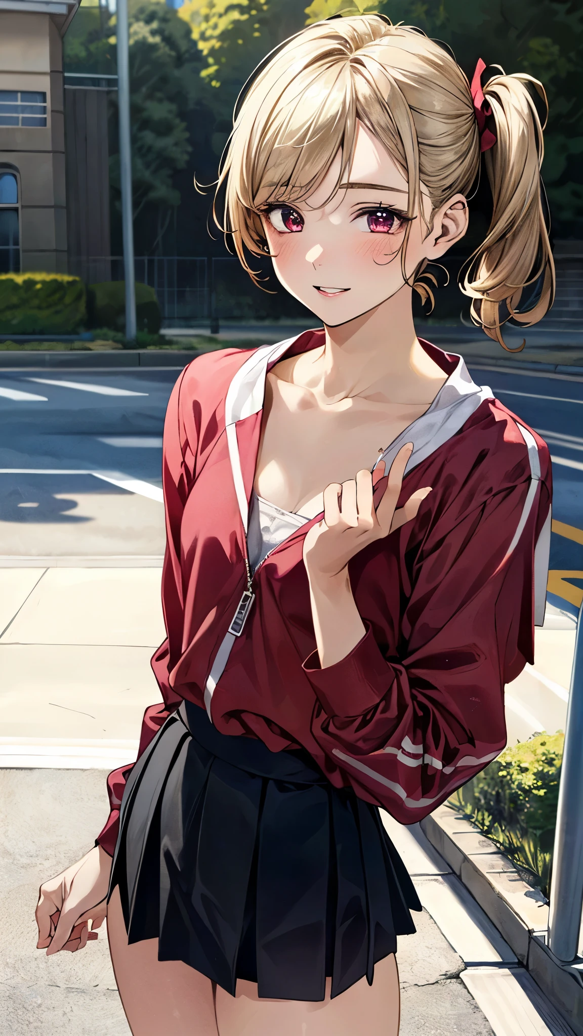 (masterpiece:1.3, top-quality, ultra high res, ultra detailed), (realistic, photorealistic:1.3), beautiful illustration, perfect lighting, natural lighting, colorful, depth of fields, ,
beautiful detailed hair, beautiful detailed face, beautiful detailed eyes, beautiful clavicle, beautiful body, beautiful chest, beautiful thigh, beautiful legs, beautiful fingers, shiny skin,
looking at viewer, 1 girl, high school girl, (perfect anatomy, anatomically correct, super detailed skin), cute and symmetrical face, babyface, perfect face, perfect eyes, perfect body,
(short hair, side ponytail, sideburns, hairpin, ash blonde hair), swept bangs, maroon eyes, drooping eyes, big eyes, long eyelashes, (small breasts, seductive thighs), slender,
(detailed cloth texture), long sleeve, pink tracksuits tops, black micro mini skirt,
(beautiful scenery), summer, late afternoon, (school gate:1.2), standing, (waving), (love smile, upper eyes, parted lips),