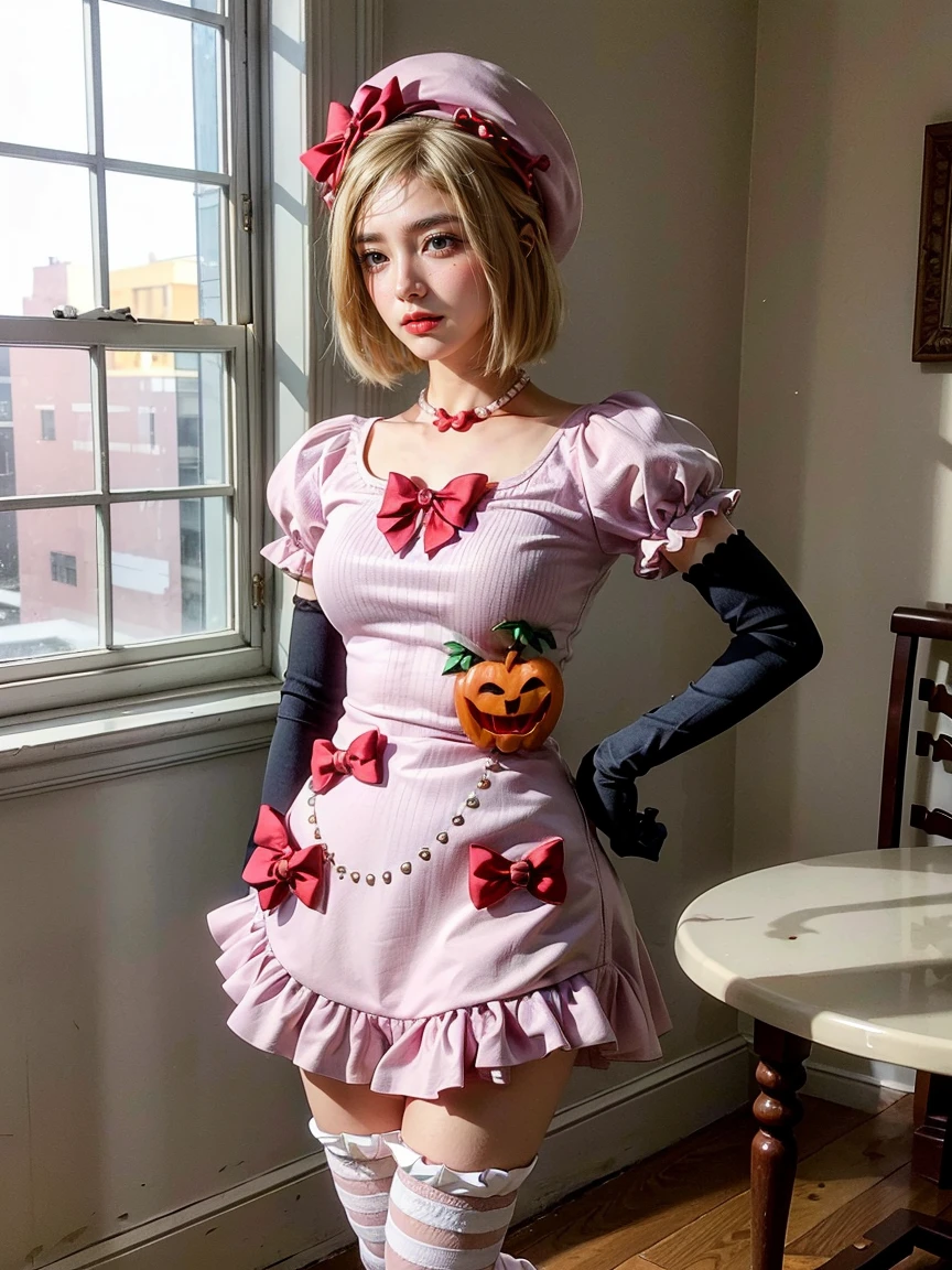 (1 lady), The beautiful, (Best quality at best:1.4), (ultra - detailed), (extremely detailed CG unified 16k), gold blonde hair, very detailed, High-definition RAW color photo, professional photoshooting, amazing face and eyes, cosmetics, (amazingly beautiful girl), ((lambdadelta, tall woman, taller)), ((dress, shoes bow, red shoes, striped stockings, red bow, pink hat, necklace, gloves, pearl, pumpkin brooch, pink dress)), standing split, standing on one leg, sexyposture，(White room, sun light, windows lights:1.3), (look from down), realistic cinematic face, head to feet long wide zoomed out view, full body long view, photorealistic, ((realistic natural blonde hair style, honey eyes)), gorgeous, extremely beautiful face, perfect model beauty, pout mouth, flirting smile, cleavages, city girl, western, shopping in the city, (masterpiece), best quality, high resolution, extremely detailed, blurred background, depth of field, cinematic lighting, (amazing legs, strong legs, athletic legs), high heels, clear and well-cared skin