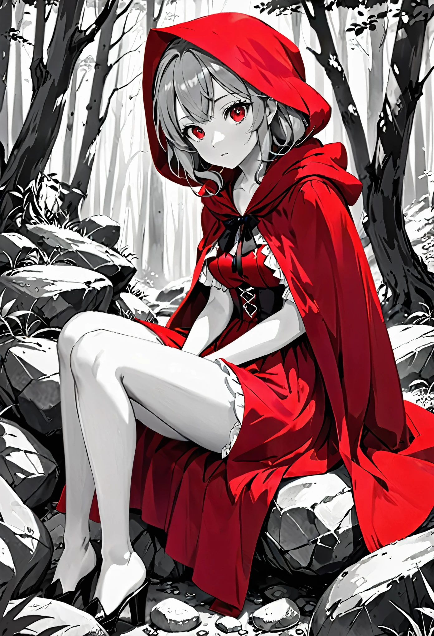 anime girl in red riding hood sitting on rock in forest, fantasy art, grayscale phtoto with red dress, red riding hood, dressed in a beautiful red cloak, little red riding hood, thief red riding hood, beautiful anime art style, high quality anime art, high quality anime artstyle, at pixiv,