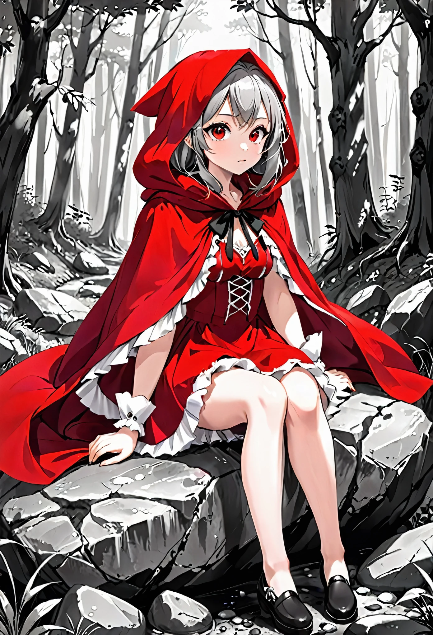 anime girl in red riding hood sitting on rock in forest, fantasy art, grayscale phtoto with red dress, red riding hood, dressed in a beautiful red cloak, little red riding hood, thief red riding hood, beautiful anime art style, high quality anime art, high quality anime artstyle, at pixiv,