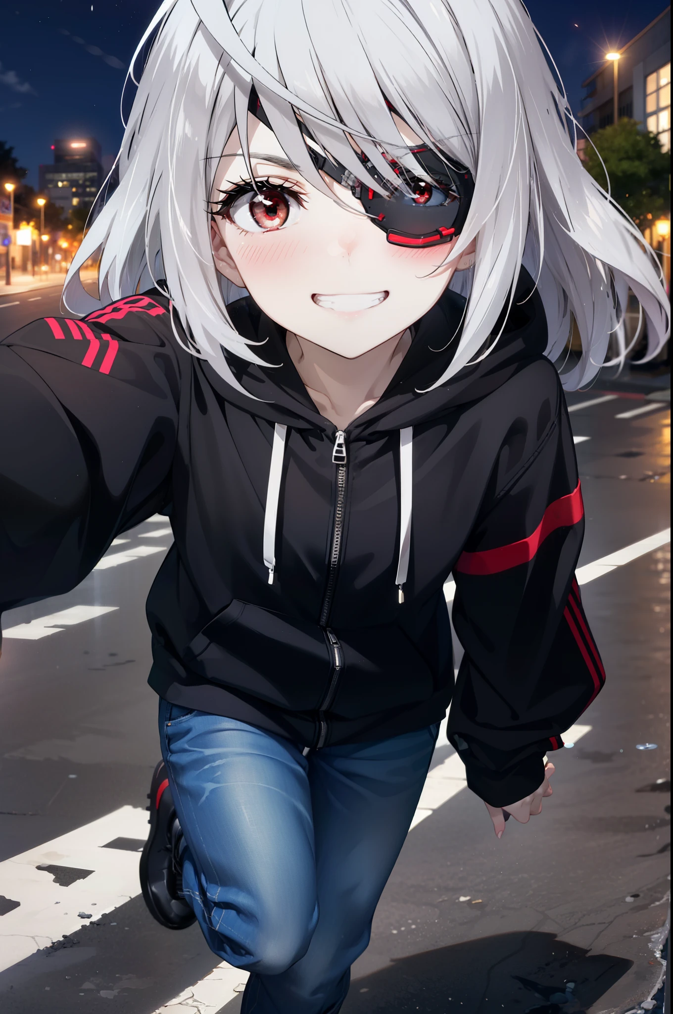 Laurabodewig, Laura Bodewig, Long Hair, (Red eyes:1.3), Grey Hair, Eye patch,smile,blush,Grin,Oversized black hoodie,Short denim,Black pantyhose,short boots,Daytime,Clear skies,Walking,whole body,
break outdoors, Building district,
break looking at viewer, whole body,
break (masterpiece:1.2), highest quality, High resolution, unity 8k wallpaper, (figure:0.8), (Beautiful fine details:1.6), Highly detailed face, Perfect lighting, Highly detailed CG, (Perfect hands, Perfect Anatomy),