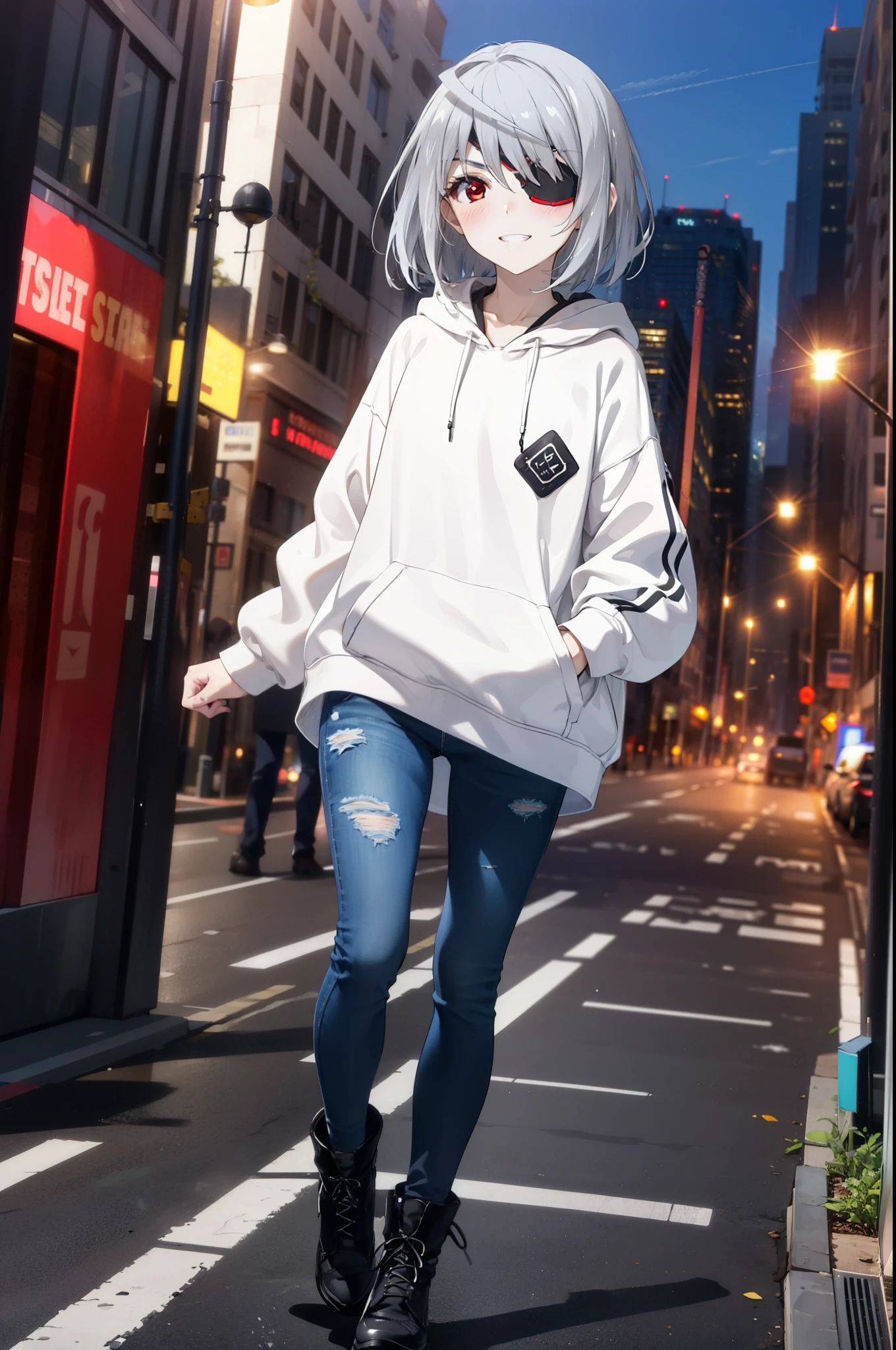 Laurabodewig, Laura Bodewig, Long Hair, (Red eyes:1.3), Grey Hair, Eye patch,smile,blush,Grin,Oversized black hoodie,Short denim,Black pantyhose,short boots,Daytime,Clear skies,Walking,whole body,
break outdoors, Building district,
break looking at viewer, whole body,
break (masterpiece:1.2), highest quality, High resolution, unity 8k wallpaper, (figure:0.8), (Beautiful fine details:1.6), Highly detailed face, Perfect lighting, Highly detailed CG, (Perfect hands, Perfect Anatomy),