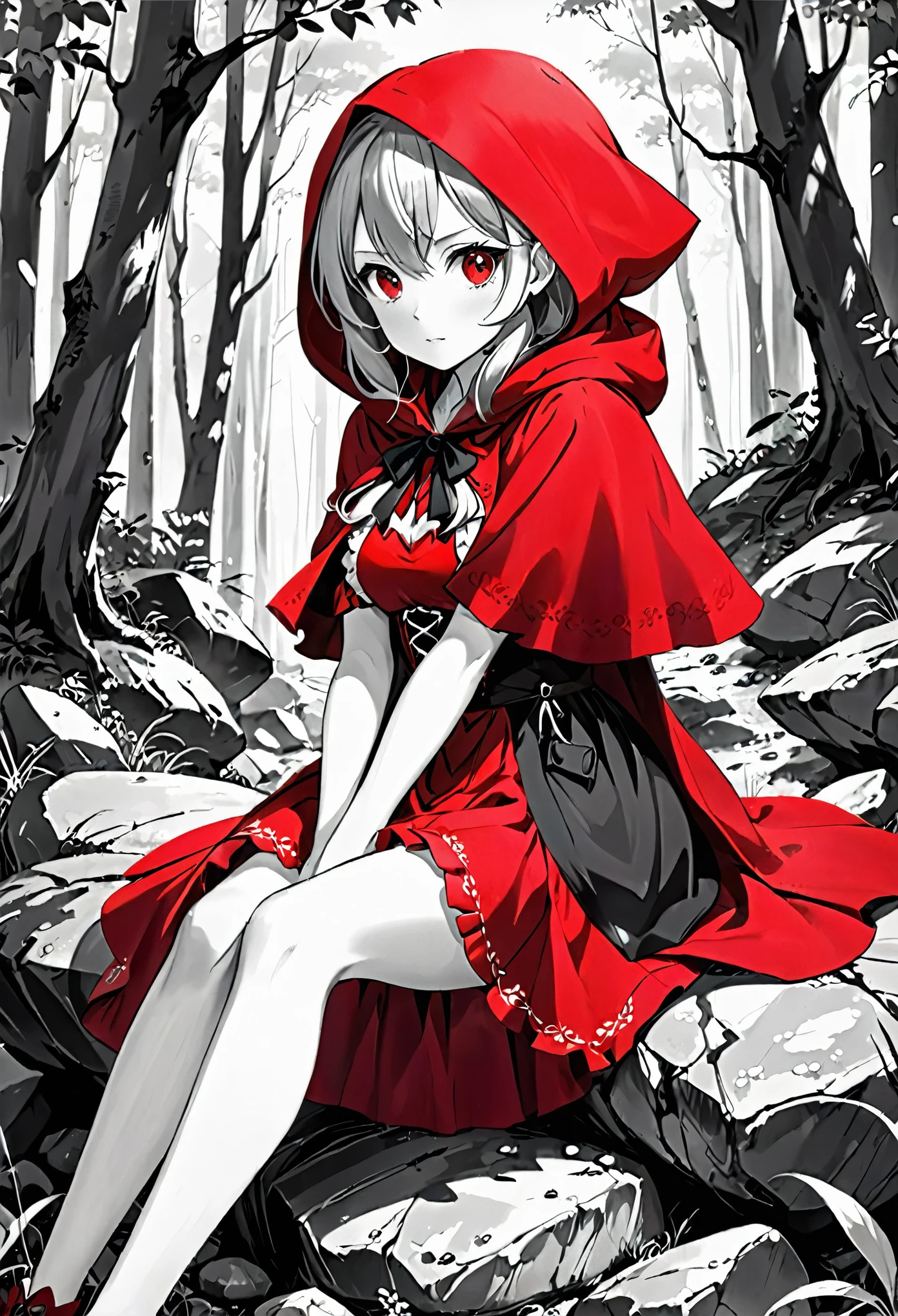 anime girl in red riding hood sitting on rock in forest, fantasy art, grayscale phtoto with red dress, red riding hood, dressed in a beautiful red cloak, little red riding hood, thief red riding hood, beautiful anime art style, high quality anime art, high quality anime artstyle, at pixiv,