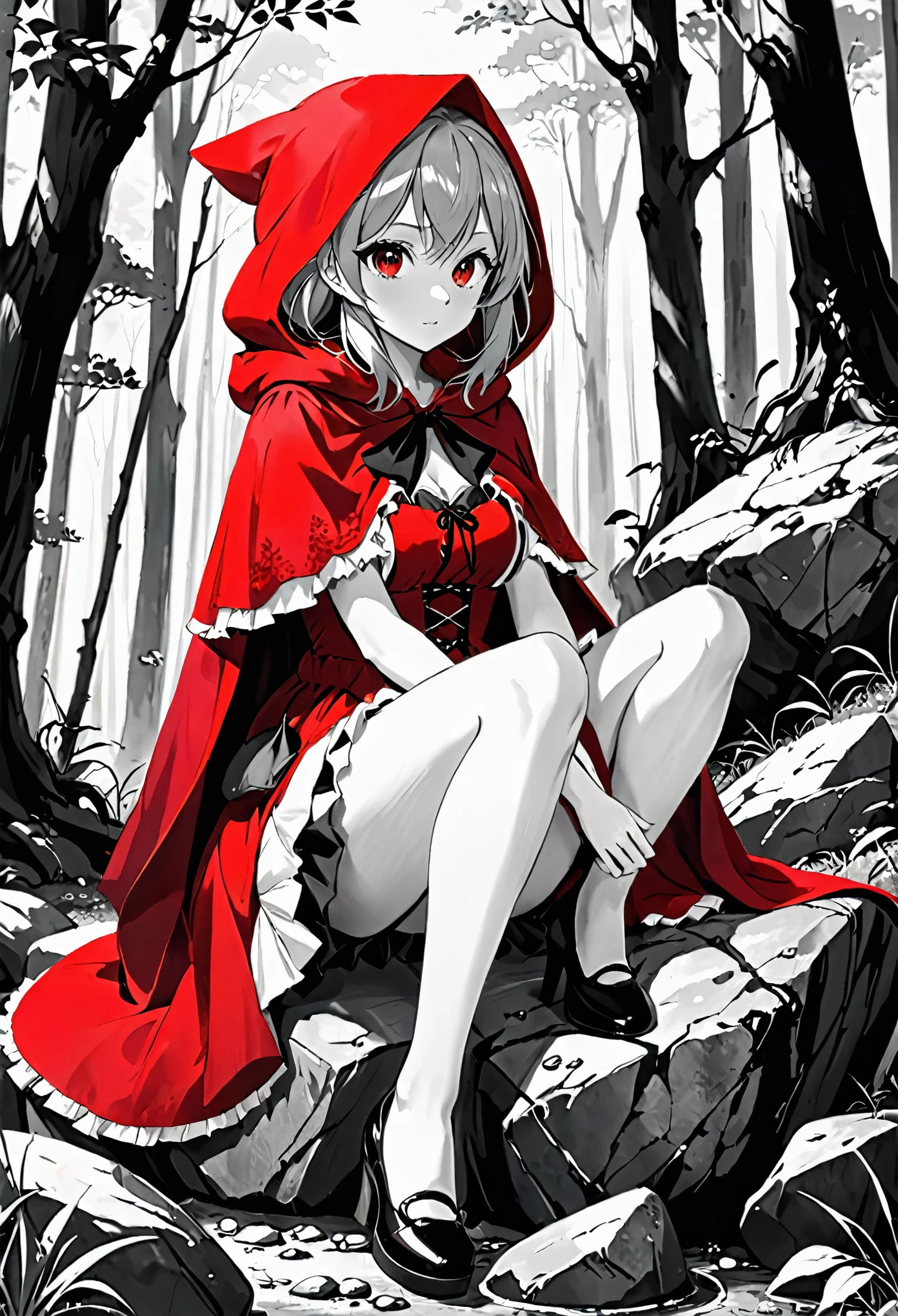 anime girl in red riding hood sitting on rock in forest, fantasy art, grayscale phtoto with red dress, red riding hood, dressed in a beautiful red cloak, little red riding hood, thief red riding hood, beautiful anime art style, high quality anime art, high quality anime artstyle, at pixiv,