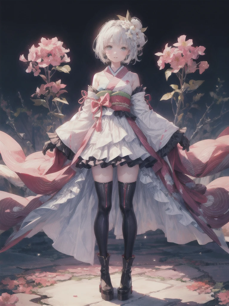 1girl、Standing in front of the viewer、vtuber-fullbody、(masterpiece, highest quality, Intricate details, Ultra-detailed, Very detailed), SF, future, cyber punk, One girl, alone, Cowboy Shot, Milky hair color, Gloves, short hair, Frills, kimono, Hair Flowers, Long Wide Sleeve, kimono, Knee-high boots, zettai ryouiki, universe柄プリント, skirt, Removable sleeves, adjusting 、White simple background、universe、Milky Way、流star群、star、★、