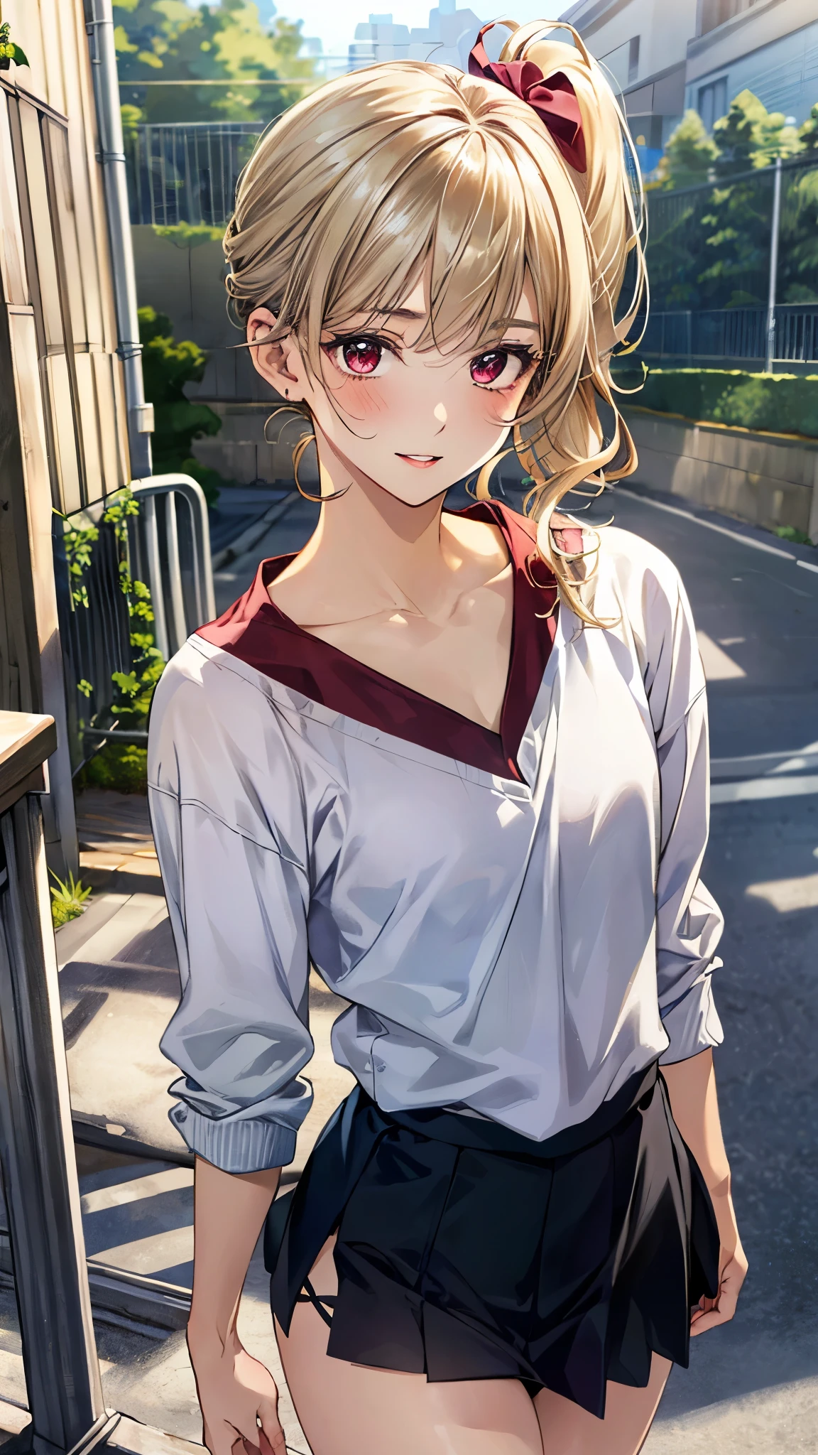 (masterpiece:1.3, top-quality, ultra high res, ultra detailed), (realistic, photorealistic:1.3), beautiful illustration, perfect lighting, natural lighting, colorful, depth of fields, ,
beautiful detailed hair, beautiful detailed face, beautiful detailed eyes, beautiful clavicle, beautiful body, beautiful chest, beautiful thigh, beautiful legs, beautiful fingers, shiny skin,
looking at viewer, 1 girl, high school girl, (perfect anatomy, anatomically correct, super detailed skin), cute and symmetrical face, babyface, perfect face, perfect eyes, perfect body,
(short hair, side ponytail, sideburns, hairpin, ash blonde hair), swept bangs, maroon eyes, drooping eyes, big eyes, long eyelashes, (small breasts, seductive thighs), slender,
(detailed cloth texture), long sleeve, pink tracksuits tops, black micro mini skirt,
(beautiful scenery), summer, late afternoon, (school gate:1.2), standing, (), (love smile, upper eyes, parted lips),