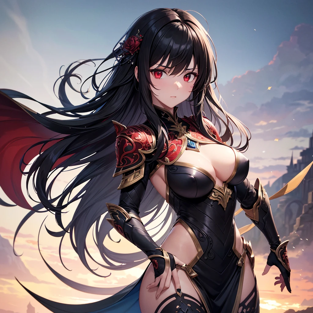 (((masterpiece, best quality, high detailed, 8k))) A breathtakingly beautiful warrior with long, flowing black hair and intense red eyes, wearing a magnificent intricate black dragon armor.