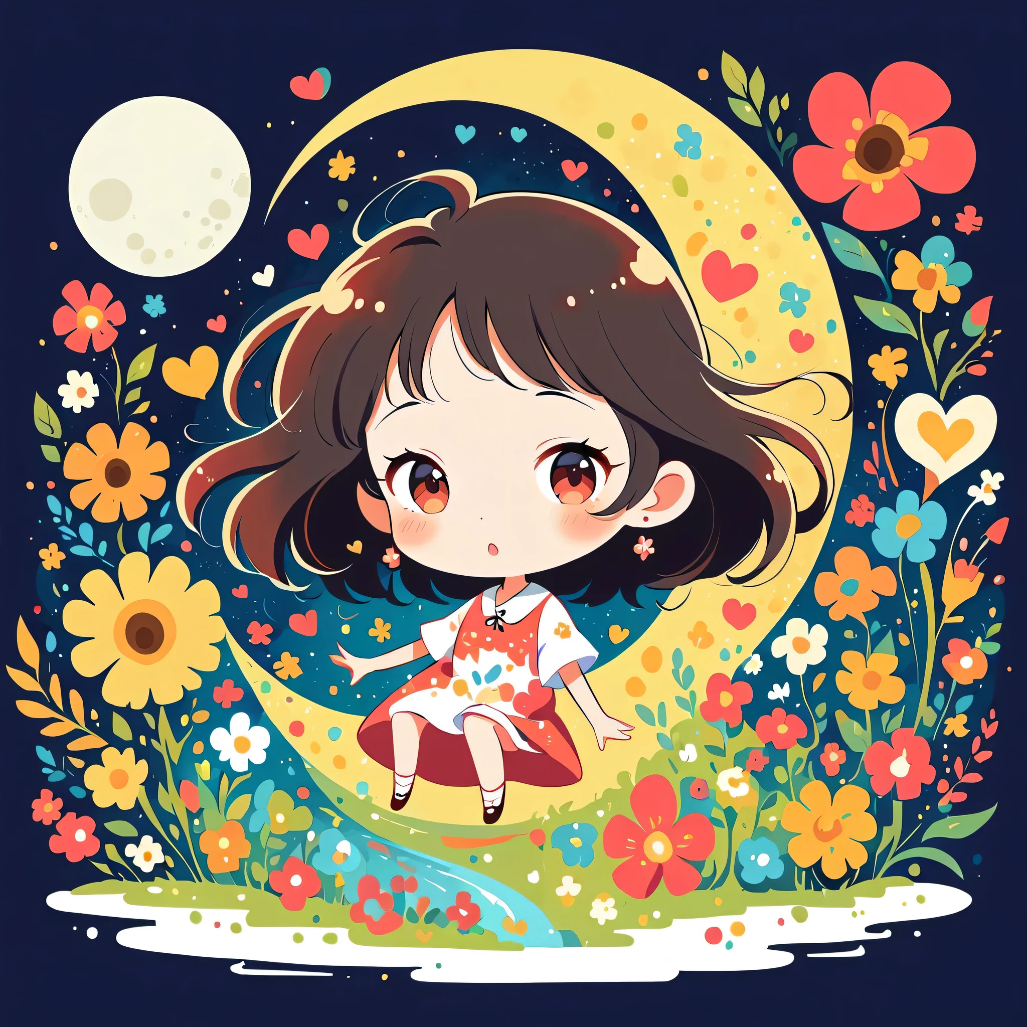 Hayao Miyazaki Style、The most beautiful girl of all time、Lips in Love、Colorful flowers、Simple line initials、Abstract art、Moon Background, (((chibi))),