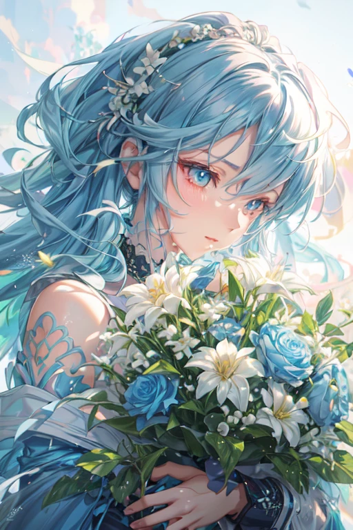 a woman with blue hair and a bouquet of flowers, trending on artstation pixiv, pixiv daily ranking, detailed key anime art, detailed digital anime art, clean detailed anime art, guweiz on pixiv artstation, cyan and green, guweiz, beautiful anime artwork, digital art on pixiv, by Shitao, beautiful anime art