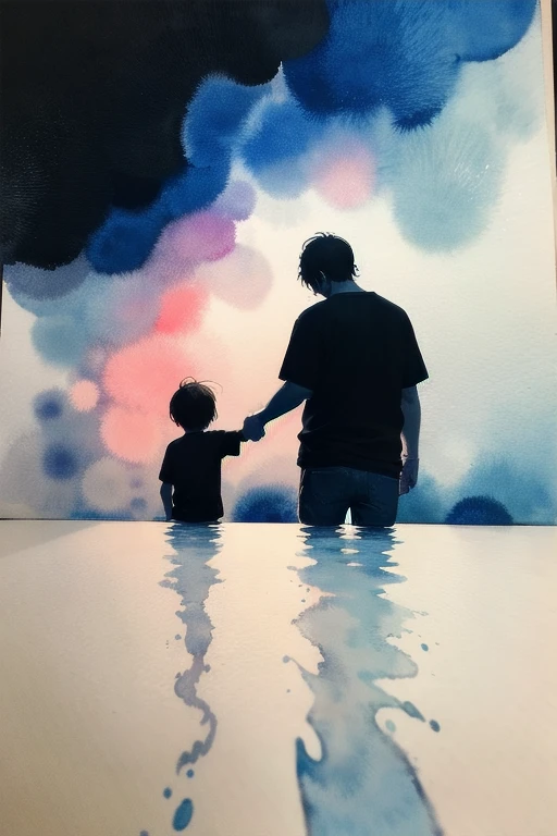 (Depth composition) Father and son playing catch. This is the last time I played with my father in my memory. It is a precious memory that I will never forget.(Ink on Japanese paper, which tends to bleed easily)(contemporary art like a picture book) (transparent watercolor) (light itself expressed as real) (layers of soft, rich colors) (shades of paint dissolved thinly with water) (deep, delicate colors)