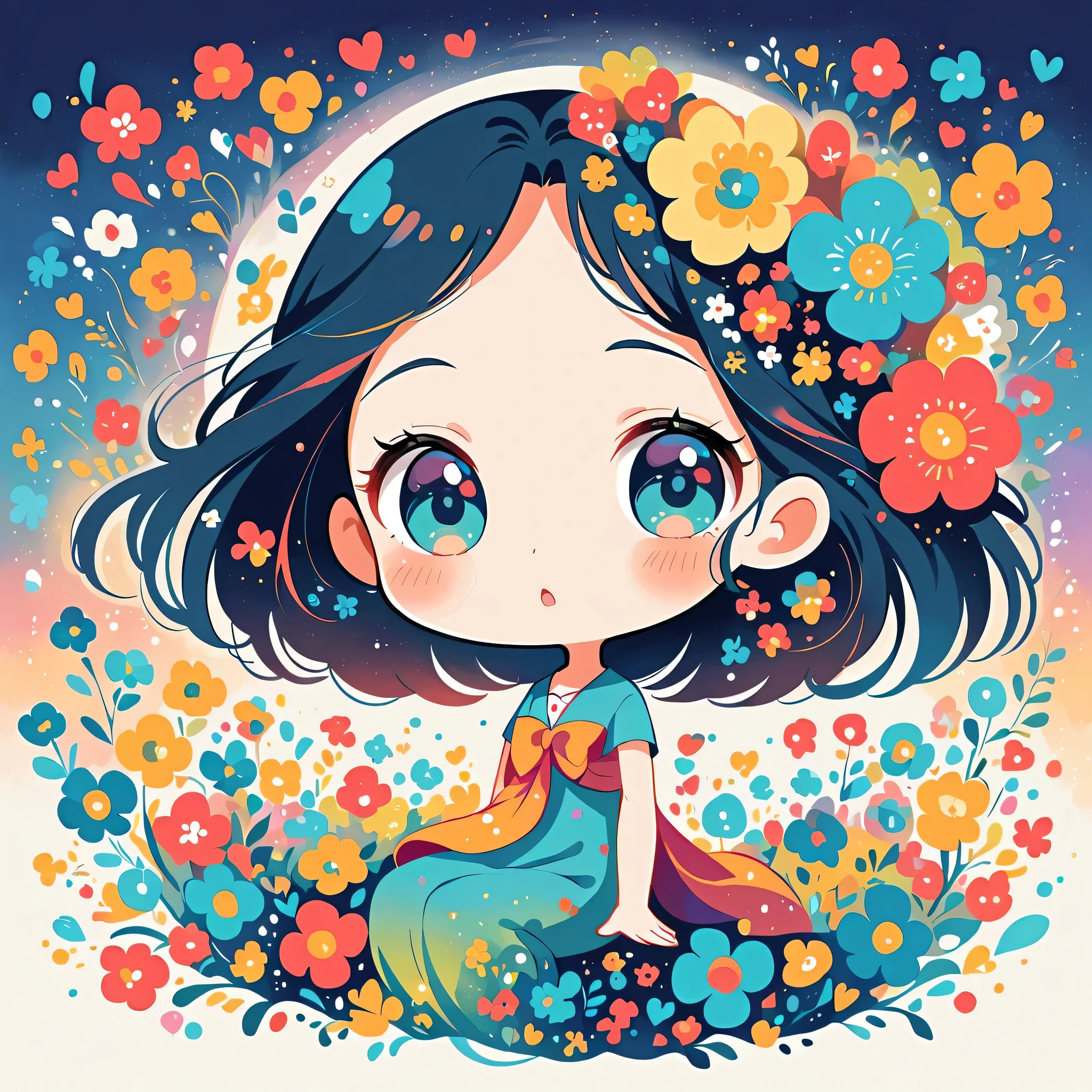 Hayao Miyazaki Style、The most beautiful girl of all time、Lips in Love、Colorful flowers、Simple line initials、Abstract art、Moon Background, (((chibi))),