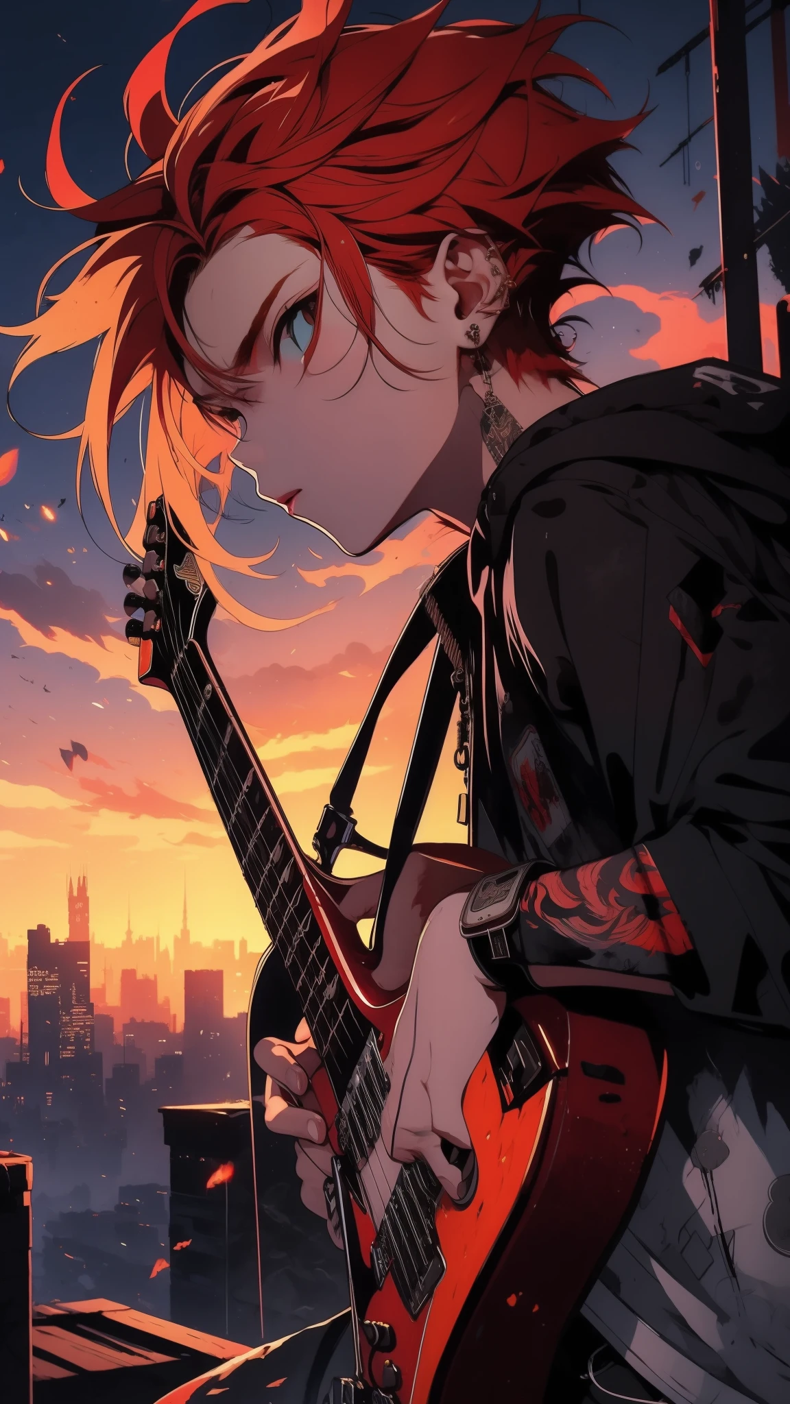 A lone teenager with fiery red hair, dressed in black ripped jeans and a band t-shirt, stands on a rooftop overlooking the city. They hold an electric guitar, its strings vibrating as they play a powerful rock solo. The city lights twinkle below, bathed in the warm glow of the sunset, fantasy world, dark background, clean design, epic, artstation, colorful paint splatter, silhouette, hyper detailed intricate details, unreal engine, fantasy, splash screen, complementary colors, deviantart masterpiece, oil painting, heavy strokes, paint dripping, indifferent expression