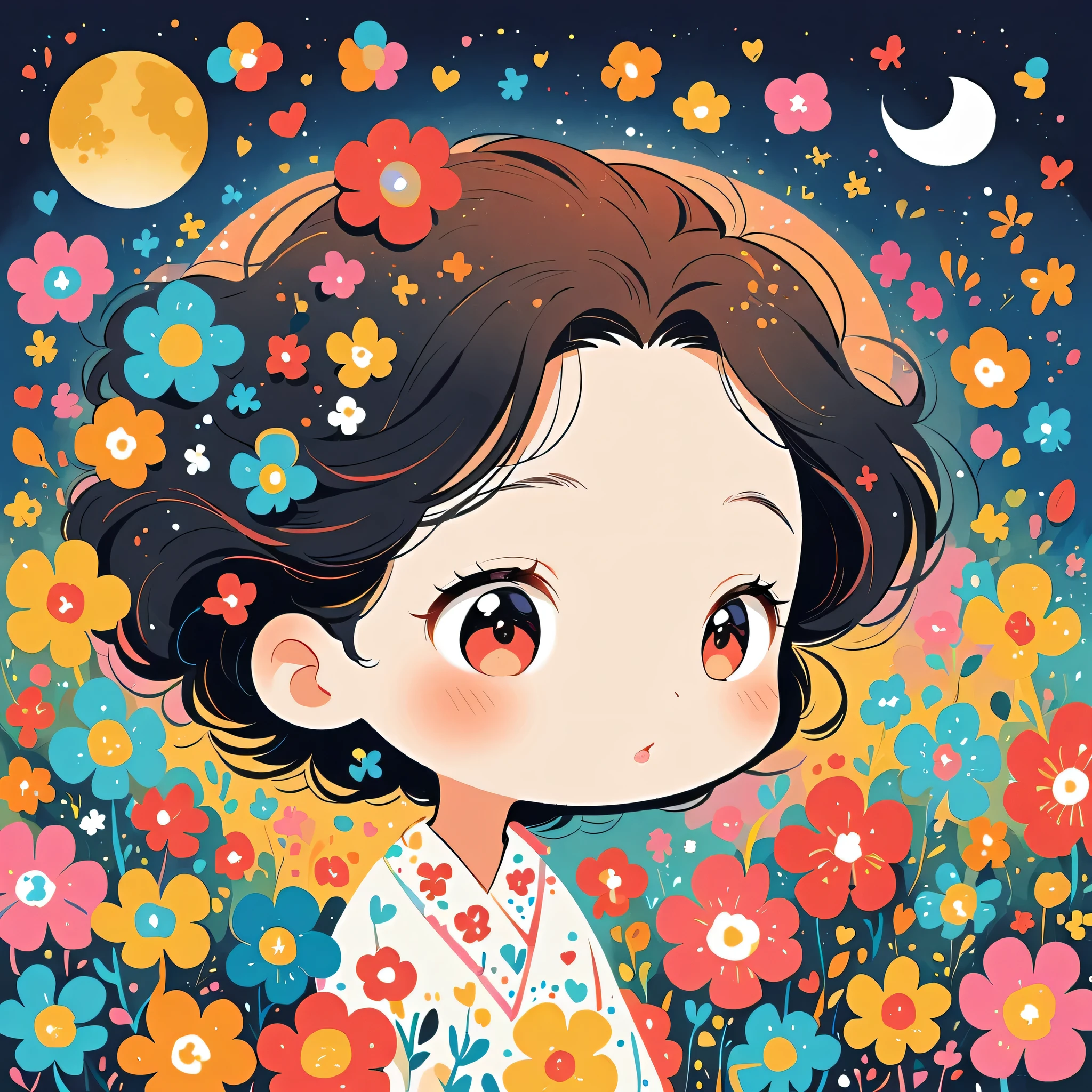 Hayao Miyazaki Style、The most beautiful girl of all time、Lips in Love、Colorful flowers、Simple line initials、Abstract art、Moon Background, (((chibi))),