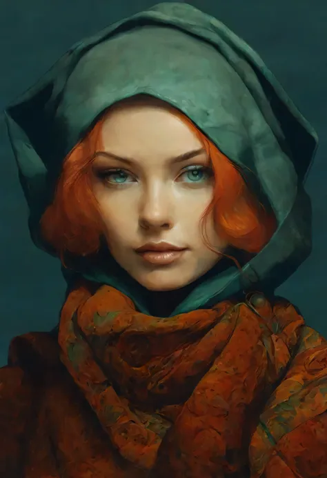 painting of a woman with a green scarf and red hair, moebius + lazy + uau, digite germe craig mullins, digite germe and james je...