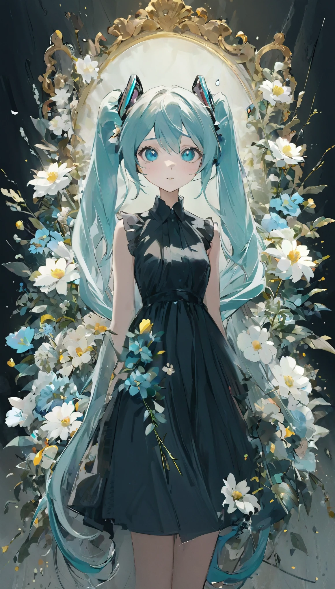 Beautiful woman、Hatsune Miku、flower arrangement、Wabi-sabi art、Very detailed_face_eye、Very detailedなface、Black Dress、white、gray、Light blue color tone、parchment、抽象的flower arrangement、Three big flowers、Surreal art、silence、wallpaper、highest quality、masterpiece、High resolution、８ｋ