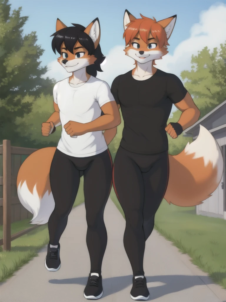 Furry, fox, male, twins, black leggings, white shirt, jogging outside the house,