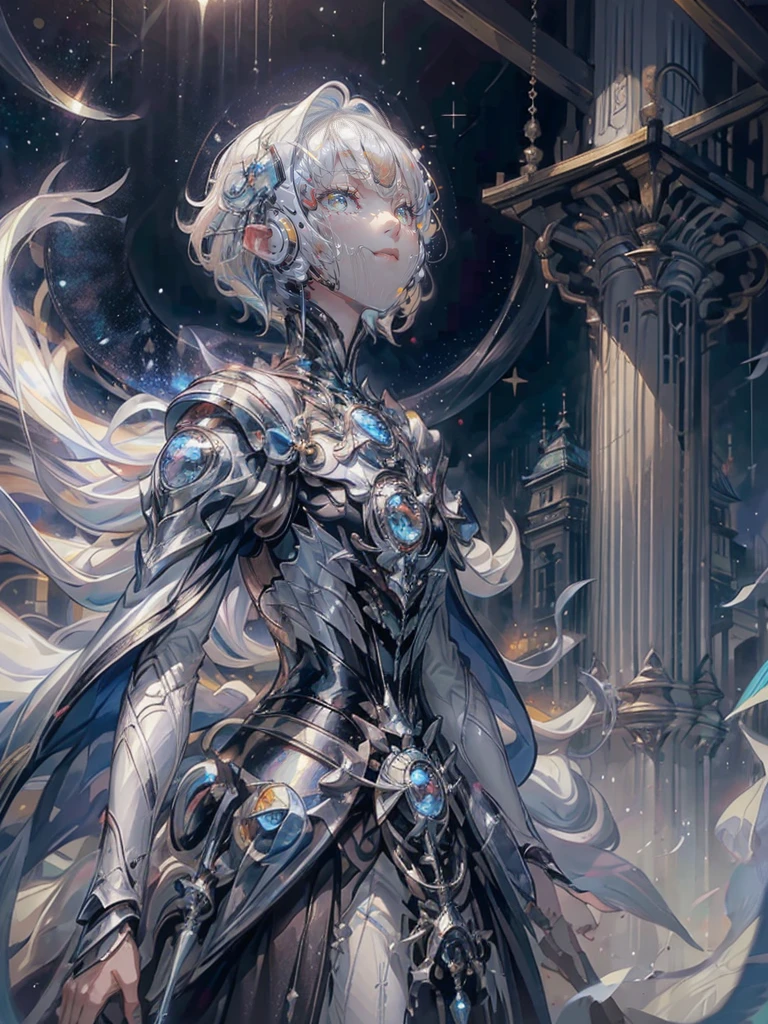 ((4K works))、masterpiece、(top-quality)、One beautiful boy、Slim body、tall、((Black Y-shirt and white pants、Charming British knight style))、Please wear one jacket、(Detailed beautiful eyes)、Fantastic Night City、((City under the stars))、Fantastic city at midnight、((Face similar to Carly Rae Jepsen))、((Short-haired white hair))、((Smaller face))、((Neutral face))、((Bright blue eyes))、((American adult male))、((Adult male 26 years old))、((Cool Men))、((Like a celebrity))、((Crying expression))、((sad look))、((Korean Makeup))、((elongated and sharp eyes))、((Happy dating))、((boyish))、((Upper body photography))、Professional Photos、((Shot alone))、((She is looking up at the sky under the roof))、((Shot from the side))、((Crying profile))、((Face crying in pain))、((He is looking upwards))、((His eyes are looking down))、((He stands next to the viewer))、((He who cries))、I'm crying on a stick.、Man crying while standing、Solitude、saddened、desolate、suffocating、heartbreaking、auw