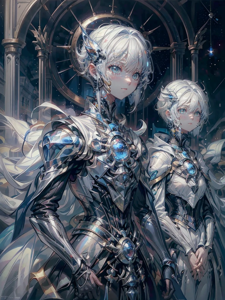 ((4K works))、​masterpiece、(top-quality)、One beautiful boy、Slim body、tall、((Black Y-shirt and white pants、Charming British knight style))、Please wear one jacket、(Detailed beautiful eyes)、Fantastic Night City、((City under the stars))、Fantastic city at midnight、((Face similar to Carly Rae Jepsen))、((Short-haired white hair))、((Smaller face))、((Neutral face))、((Bright blue eyes))、((American adult male))、((Adult male 26 years old))、((Cool Men))、((Like a celebrity))、((Crying expression))、((sad look))、((Korean Makeup))、((elongated and sharp eyes))、((Happy dating))、((boyish))、((Upper body photography))、Professional Photos、((Shot alone))、((She is looking up at the sky under the roof))、((Shot from the side))、((Crying profile))、((Face crying in pain))、((He is looking upwards))、((His eyes are looking down))、((He stands next to the viewer))、((He who cries))、I'm crying on a stick.、Man crying while standing、Solitude、saddened、desolate、suffocating、heartbreaking、auw