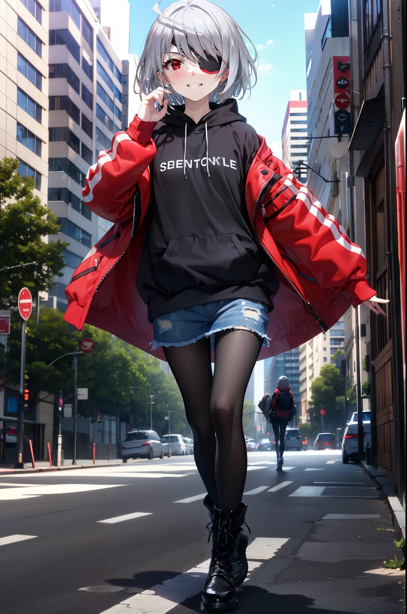 Laurabodewig, Laura Bodewig, Long Hair, (Red eyes:1.3), Grey Hair, Eye patch,smile,blush,Grin,Oversized black hoodie,Short denim,Black pantyhose,short boots,Daytime,Clear skies,Walking,whole body,
break outdoors, Building district,
break looking at viewer, whole body,
break (masterpiece:1.2), highest quality, High resolution, unity 8k wallpaper, (figure:0.8), (Beautiful fine details:1.6), Highly detailed face, Perfect lighting, Highly detailed CG, (Perfect hands, Perfect Anatomy),