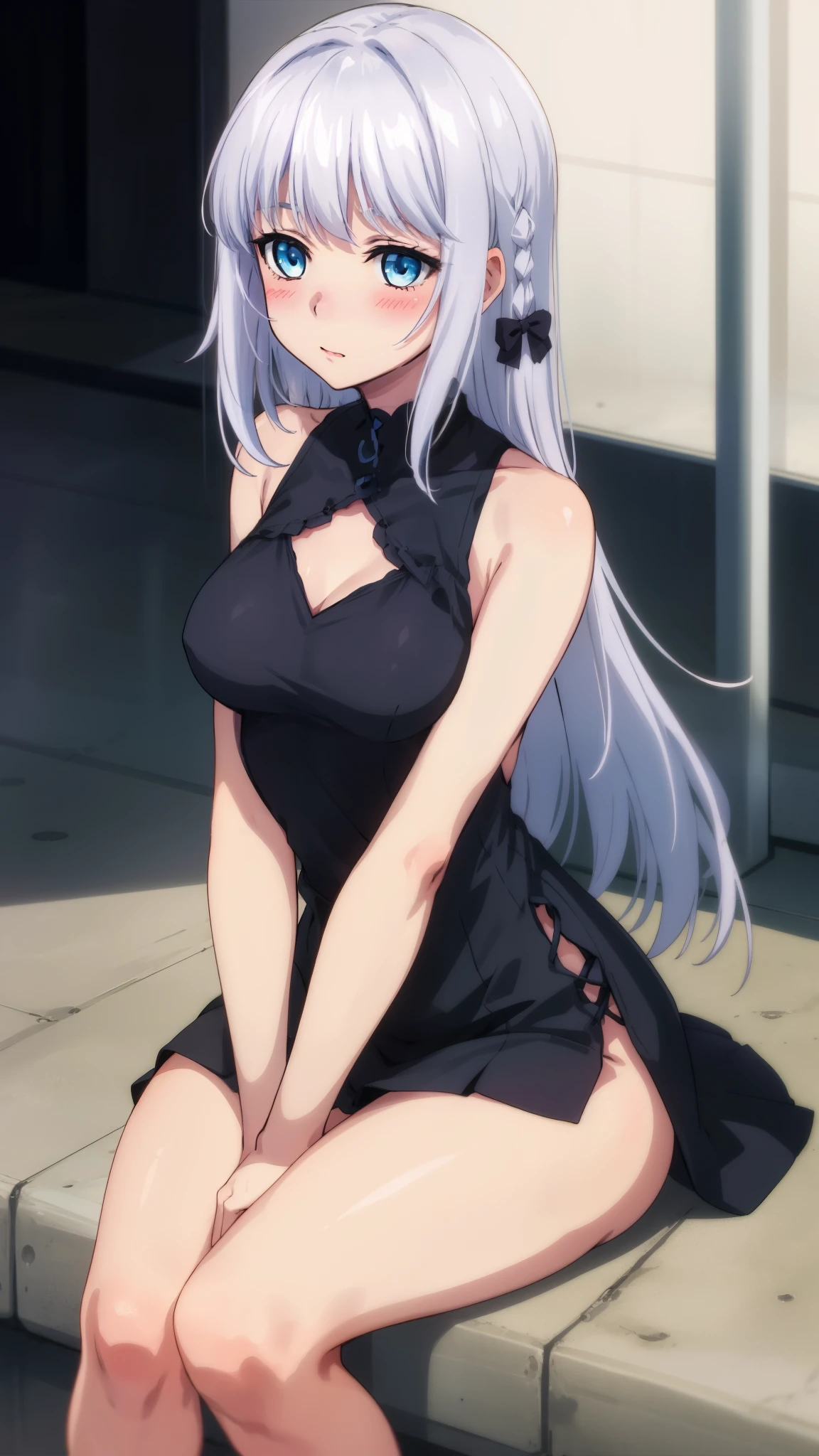 1 girl, kanon kanase, , blush, medium breasts, sleeveless, dress, sitting.