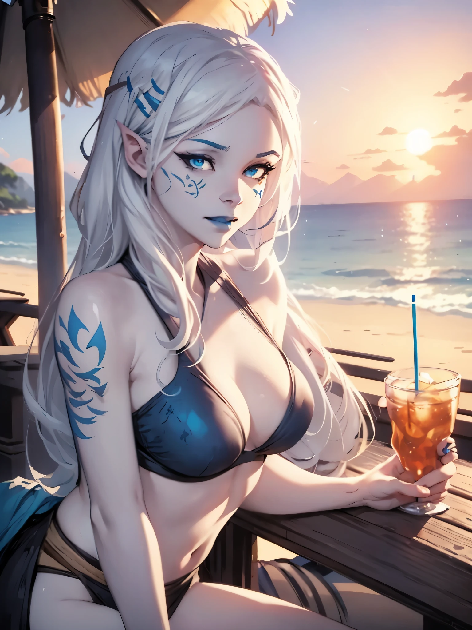 star wars, jarael, pale white skin, long white hair, ((blue lips)), medium breasts, cute smile, beautiful eyes, cheek tattoos, bikini, , sitting at a tiki bar on a beach at sunset, sipping a drink with a straw