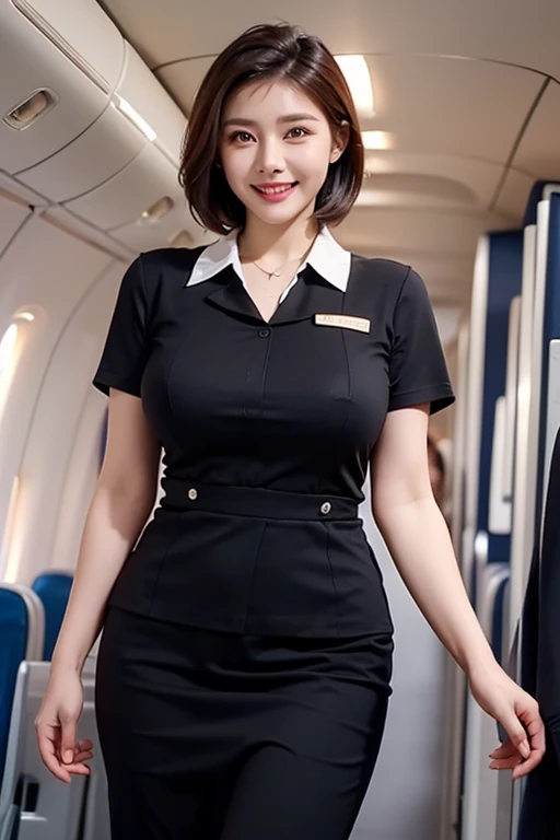 (The ultimate beautiful Japanese wife), 50th Generation, Ultra detailed face, Detailed lips, (Big eyes:1.4), double eyelid, Short brunette hair, (Grin)、(Whitening teeth shape), (Lips parted), ((Wearing a flight attendant uniform:1.4))、((Big ample breasts)), Thighs Thighs Thighs Thighs、(Cowboy Shot:1.3), Exactly, Depth of written boundary、Perfect Image Realism, background:((Inside the plane))、细致background, Detailed costume, Perfect lighting、Hyperrealism、Photorealistic、Maximum resolution 8K, (masterpiece), Very detailed, Professional