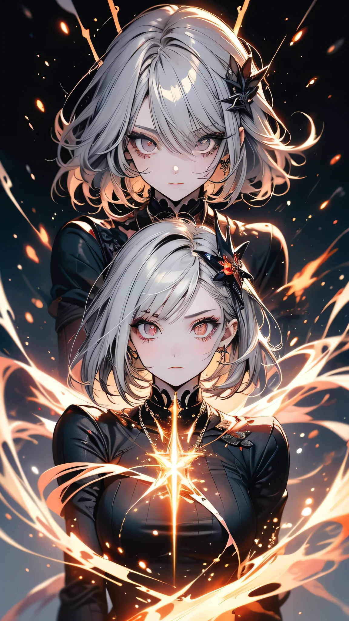 Portraiture, Long Hair, Gray Hair, Golden Eyes, One girl, Detailed fantasy art, Amazing character art,Detailed face, Magical girl, Absurd, masterpiece, highest quality, Magical girl costume, ((Magical girl)), short hair, Devastation, Remains, Dynamic pose, Apocalypse, Spell casting, Full Body Shot