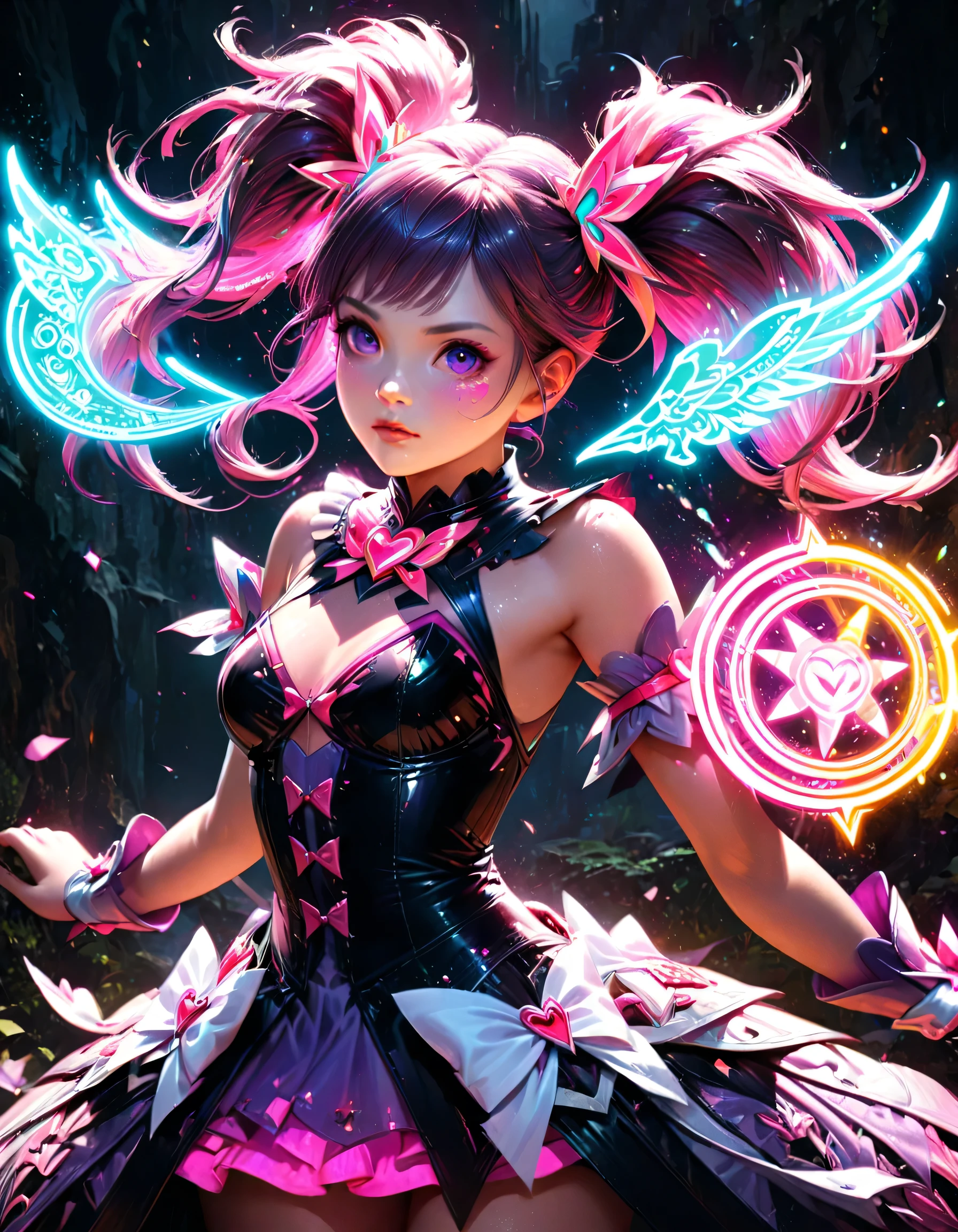 (highest quality), Fantasy illustration art, Shiny colorful lighting, Magical chanting, Magical girl, Neon Volume Gothic Dress, Twin tails, Realistic, Super detailed, High resolution, anime, Glowing neon color palette, Beautiful Face,