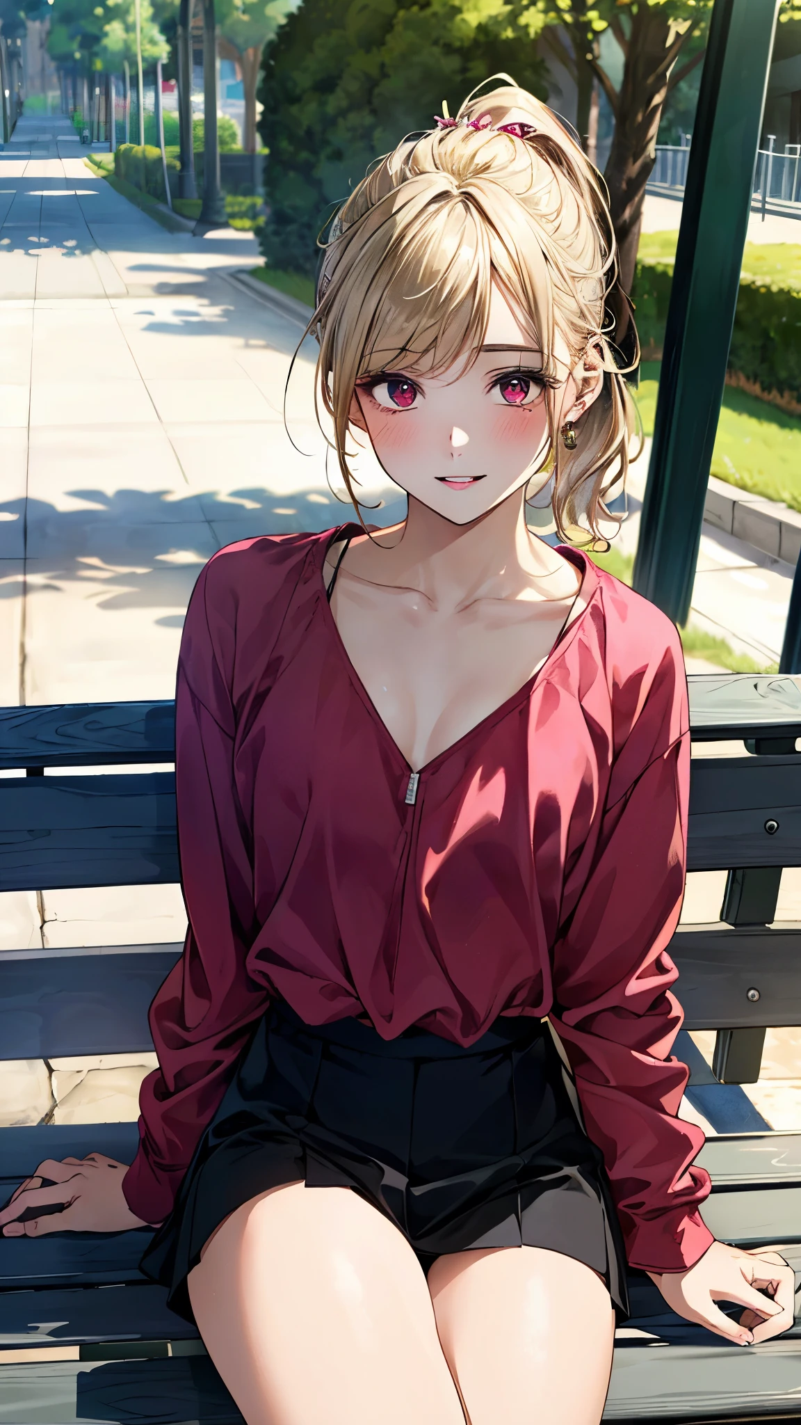 (masterpiece:1.3, top-quality, ultra high res, ultra detailed), (realistic, photorealistic:1.3), beautiful illustration, perfect lighting, natural lighting, colorful, depth of fields, ,
beautiful detailed hair, beautiful detailed face, beautiful detailed eyes, beautiful clavicle, beautiful body, beautiful chest, beautiful thigh, beautiful legs, beautiful fingers, shiny skin,
looking at viewer, 1 girl, high school girl, (perfect anatomy, anatomically correct, super detailed skin), cute and symmetrical face, babyface, perfect face, perfect eyes, perfect body,
(short hair, side ponytail, sideburns, hairpin, ash blonde hair), swept bangs, maroon eyes, drooping eyes, big eyes, long eyelashes, (small breasts, seductive thighs), slender,
(detailed cloth texture), long sleeve, pink tracksuits tops, black micro mini skirt,
(beautiful scenery), summer, late afternoon, (park:1.2, park bench), , (sitting), (love smile, upper eyes, parted lips),