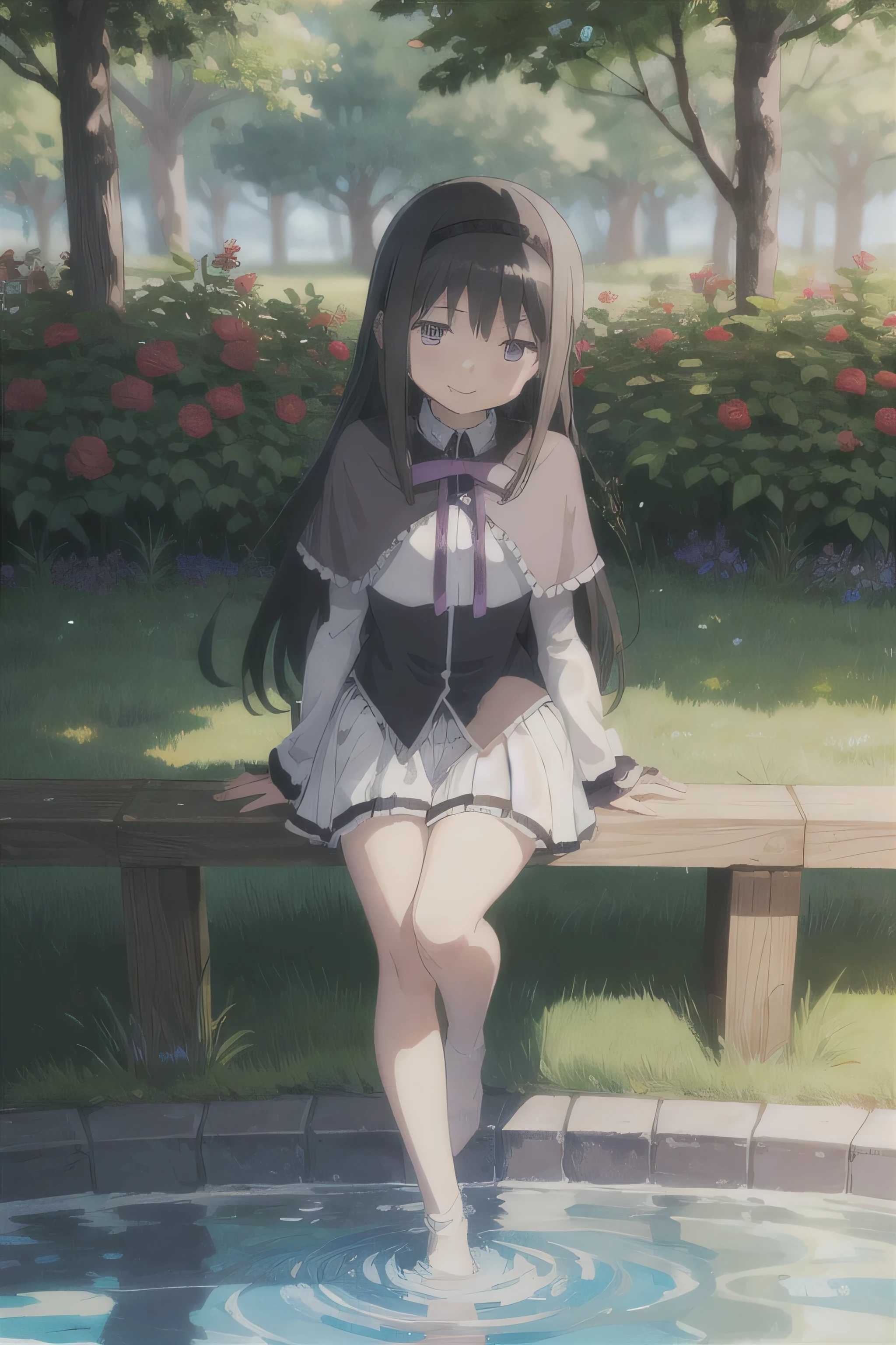 full body!!,One girl, alone, masterpiece, highest quality, Purple ribbon, mahou shoujo madoka magica, akemi homura, Homura Akemi, Purple eyes, tsurime, Black Hair, Long Hair, Straight hair, hair band, black hair band, Magical girl, shirt, white shirt, Long sleeve, Capelet, purple Capelet, Neck ribbon, Small breasts,, View Viewer, blush, smile, Lips parted, Outdoor, garden