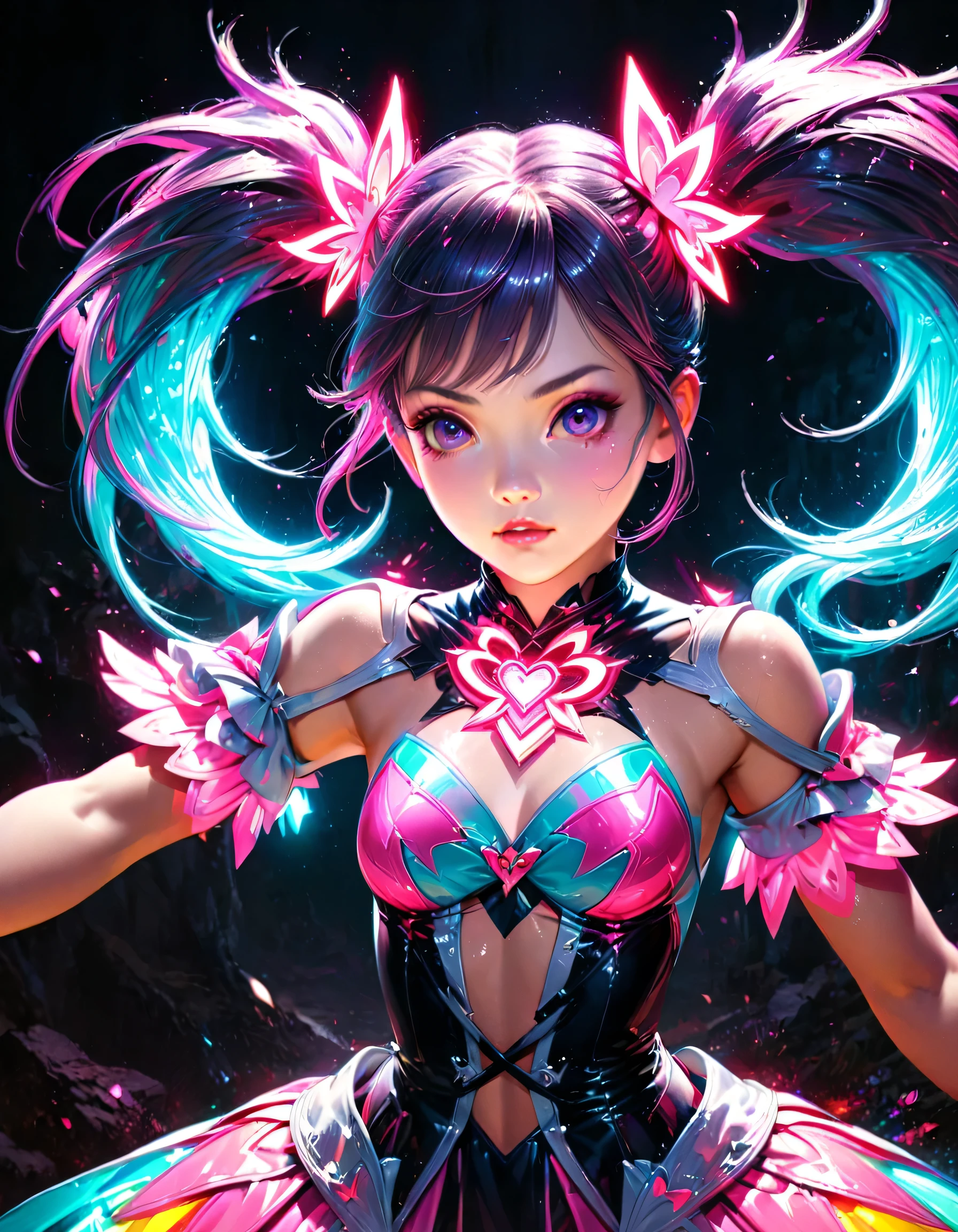 (highest quality), Fantasy illustration art, Shiny colorful lighting, Magical chanting, Magical girl, Neon Volume Gothic Dress, Twin tails, Realistic, Super detailed, High resolution, anime,  Glowing neon color palette, Beautiful Face, 