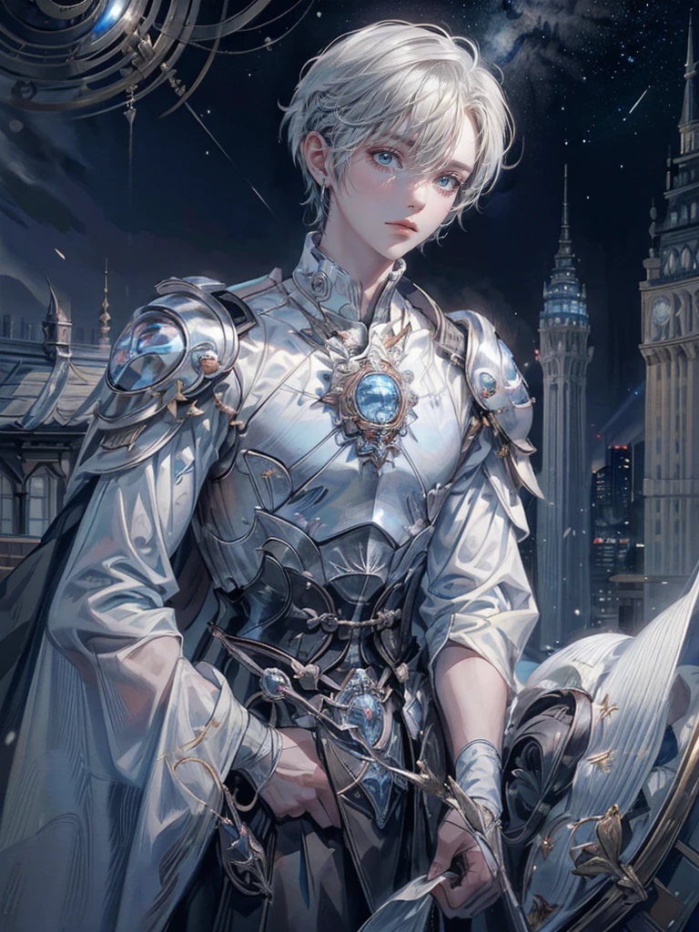 ((4K works))、masterpiece、(top-quality)、One beautiful boy、Slim body、tall、((Black Y-shirt and white pants、Charming British knight style))、Please wear one jacket、(Detailed beautiful eyes)、Fantastic Night City、((City under the stars))、Fantastic city at midnight、((Face similar to Carly Rae Jepsen))、((Short-haired white hair))、((Smaller face))、((Neutral face))、((Bright blue eyes))、((American adult male))、((Adult male 26 years old))、((Cool Men))、((Like a celebrity))、((Crying expression))、((sad look))、((Korean Makeup))、((elongated and sharp eyes))、((Happy dating))、((boyish))、((Upper body photography))、Professional Photos、((Shot alone))、((She is looking up at the sky under the roof))、((Shot from the side))、((Crying profile))、((Face crying in pain))、((He is looking upwards))、((His eyes are looking down))、((He stands next to the viewer))、((He who cries))、I'm crying on a stick.、Man crying while standing、Solitude、saddened、desolate、suffocating、heartbreaking、auw