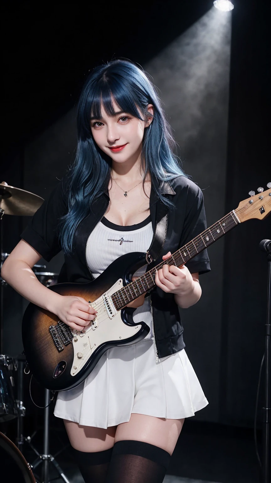 ((best quality)), photorealistic, photorealism, Photorealistic, high resolution, school girl blazer、 black t shirt、Red checked knee-length skirt、Long skirt、JK Style、Jacket、smile、Knee-high socks、Thigh-high socks、pantyhose、A superb beauty、Super cute、ennui、Rare beauty、Short hair、Aestethic tatoo, Black Dark Eyeshadow、Sad、white skin、pale skin, short hair straightener、Dark Gothic Makeup、Cute Smile、Fragrant beauty、Stained glass background、Mastepiece、Best Quality、Refers to 5 books、Sweat glistening on my chest、Sweat glistening on my face、Small breasts、Blue hair、Age 20 years old、Mysterious look、A sad expression、Blue Hair、mysterious gothic church、enchanting castle、Sweating profusely all over the body、A lot of sweat and light on the thighs、Shiny thighs、Plenty of sweat glistening on the thighs、A large amount of sweat glistens on my thighs、Sweating profusely、Gal、Medium breasts、beautiful face、Alluring expression、Thin thighs、Playing electric guitar、I have an electric guitar、Sing a song enthusiastically、Playing guitar in a band、Playing guitar chords、Live House Background、Sing a song、Open your mouth、Live house scenery、Mike stand、Glamorous live stage、Dynamic Angle、cinematic lighting