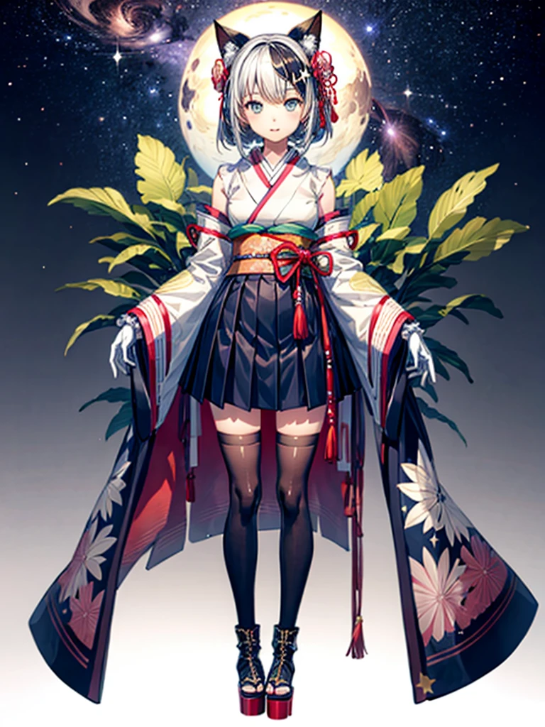 1girl、Standing in front of the viewer、vtuber-fullbody、(masterpiece, highest quality, Intricate details, Ultra-detailed, Very detailed), SF, future, cyber punk, One girl, alone, Cowboy Shot, Milky hair color, Gloves, short hair, Frills, kimono, Hair Flowers, Long Wide Sleeve, kimono, Knee-high boots, zettai ryouiki, universe柄プリント, skirt, Removable sleeves, adjusting 、White simple background、universe、Milky Way、流star群、star、★、