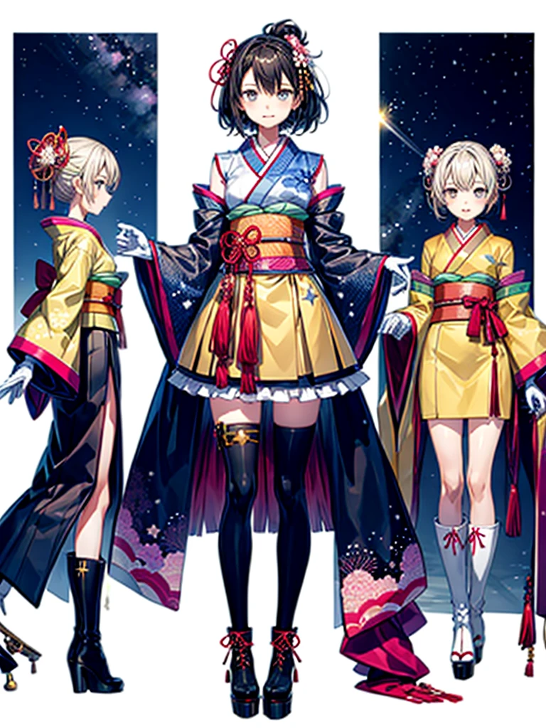 1girl、Standing in front of the viewer、vtuber-fullbody、(masterpiece, highest quality, Intricate details, Ultra-detailed, Very detailed), SF, future, cyber punk, One girl, alone, Cowboy Shot, Milky hair color, Gloves, short hair, Frills, kimono, Hair Flowers, Long Wide Sleeve, kimono, Knee-high boots, zettai ryouiki, universe柄プリント, skirt, Removable sleeves, adjusting 、White simple background、universe、Milky Way、流star群、star、★、