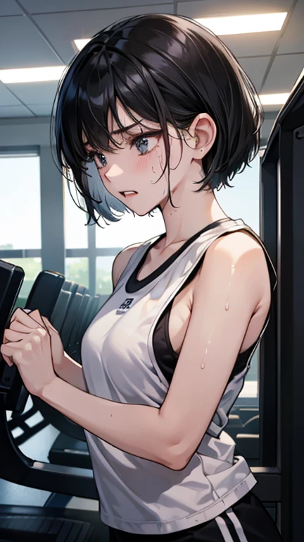 Bobcut、Black-haired 、Sweating at the gym、Composition from below、Desperate form、Sweaty、indoor、Many other guests、Wearing a jersey、No exposure、in motion、Grit your teeth、Barbell raising