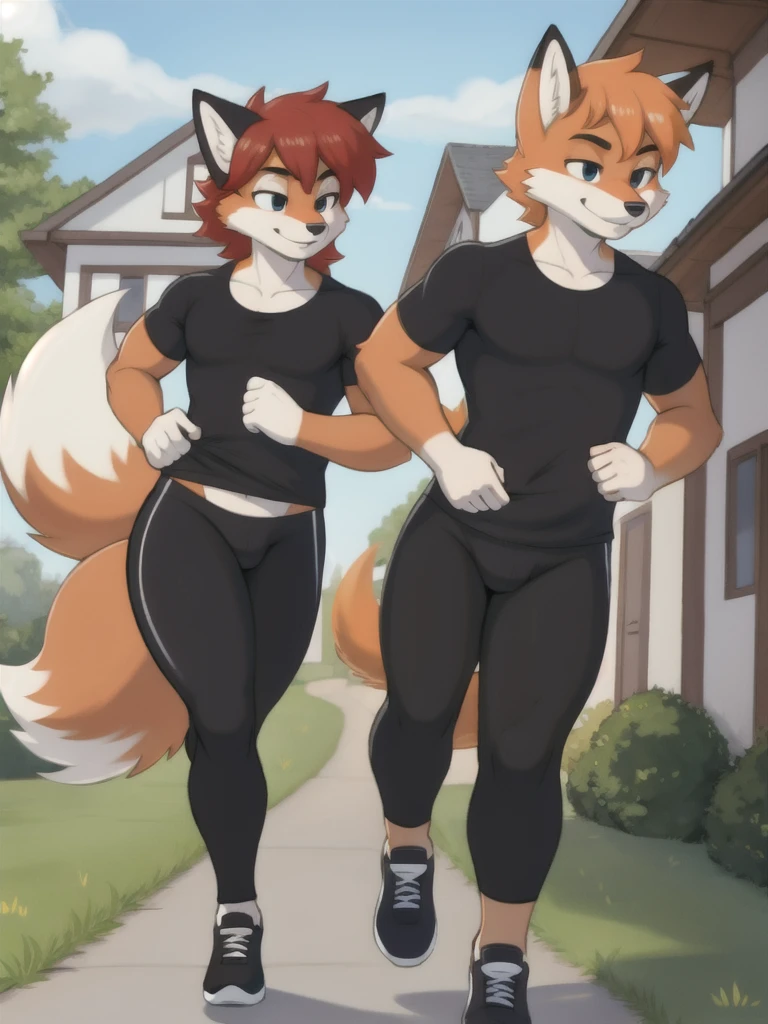 Furry, fox, male, twins, black leggings, white shirt, jogging outside the house, 