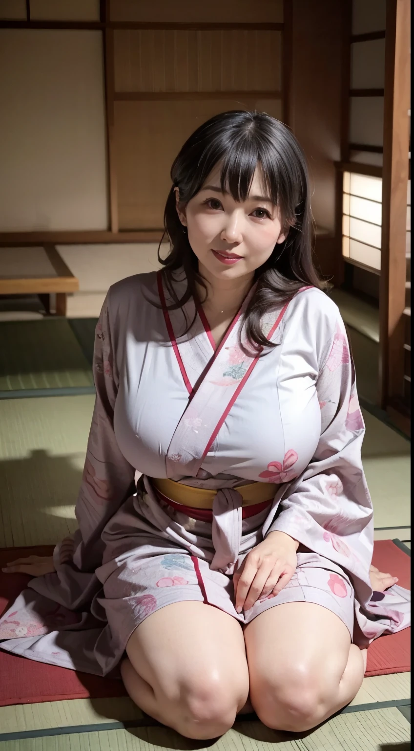  A MILF、Big breasts big breasts、A 45-year-old woman named Misaki, wearing a traditional Japanese kimono in subdued colors. She has long black hair tied up. She is in a traditional Japanese house with sliding doors and tatami mats.