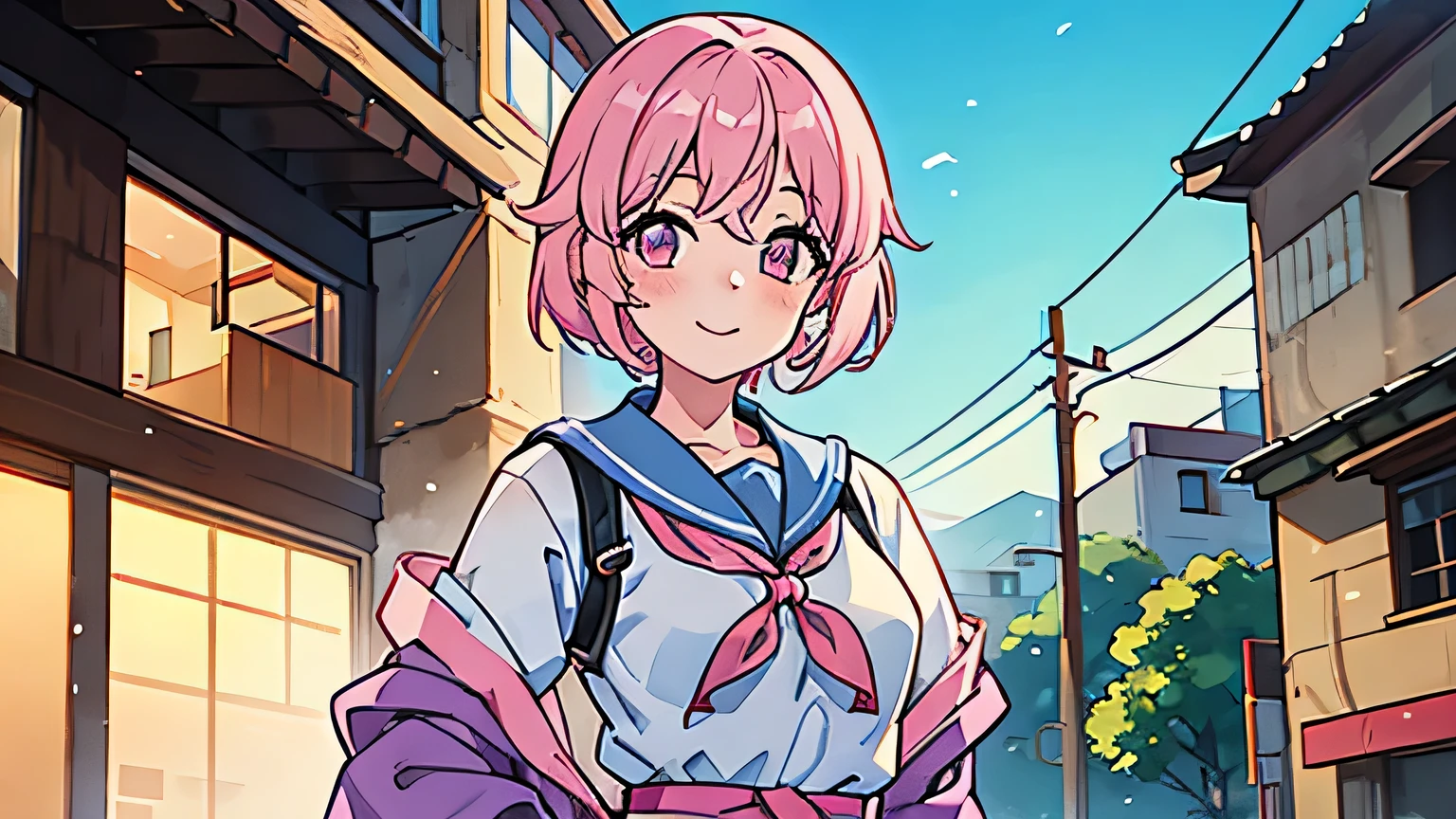 Aiko Hanatsumi, teenage girl, short straight pink hair, smile, cute, beautiful, sexy, medium breasts, background in the city of Shishio Campilinez in the morning.