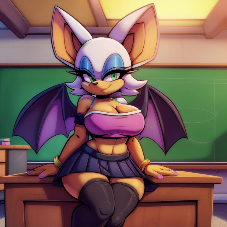 (uploaded on e621), (((by joelasko, by marthedog, by senshion))), detailed background, detailed, perfect hands, 5 fingers, ((ultradetailed, highest quality, 8k uhd, raw photo)), (full body shot, masterpiece, best_quality, ultra-detailed, immaculate:1.3), 1girl, solo, breasts, looking at viewer, smile, skirt, large breasts, thighhighs, animal ears, jewelry, green eyes, white hair, pleated skirt, wings, indoors, bracelet, makeup, bat wings, furry, desk, eyeshadow, furry female, classroom, school desk, animal nose, bat ears, Rouge the bat, sitting on desk, pink crop top,