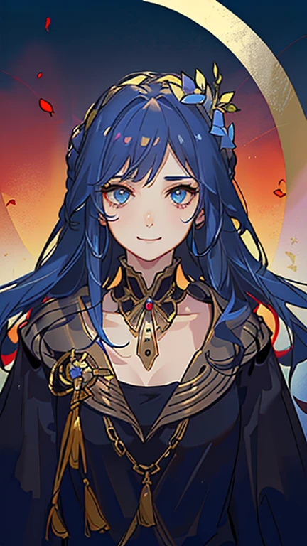 (high-quality, breathtaking),(expressive eyes, perfect face) 1girl, female, solo, adult, medium length hair, pale blue hair color, multicolored hair, glowing hair, red and black strands in hair, loose hair, wavy hair, curly hair, red blue eyes, soft expression, black cloak, white shirt, fantasy mage clothing, Goddess of Underworld and Hatred, space background, portrait, upper body, magic, mum vibe, smile, Ancient Roman Clothing, Ancient Greek Clothing, soft makeup, 1 Poppy Flower, age 40, Hades Inspired, Shield background, jewellery
